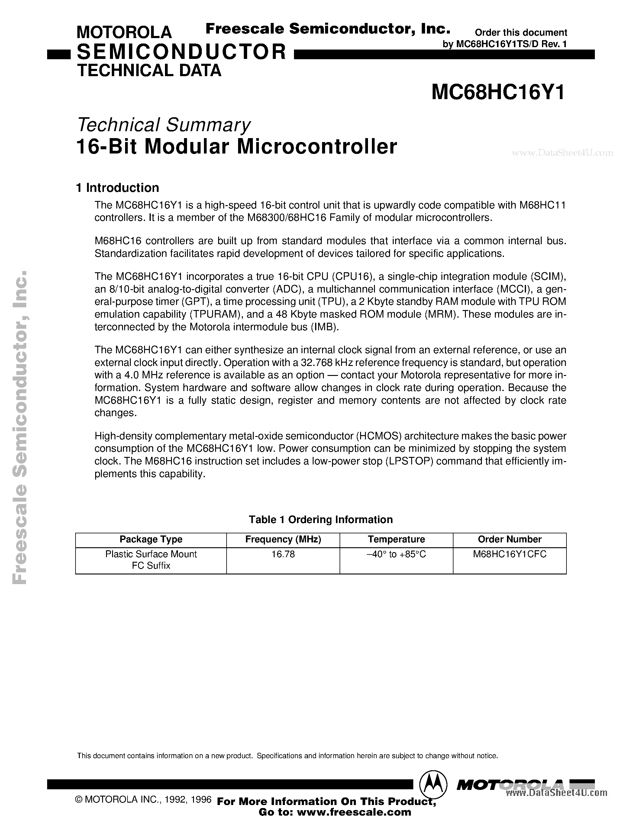 Даташит MC68HC16Y1 - 16-Bit Modular Microcontroller страница 1