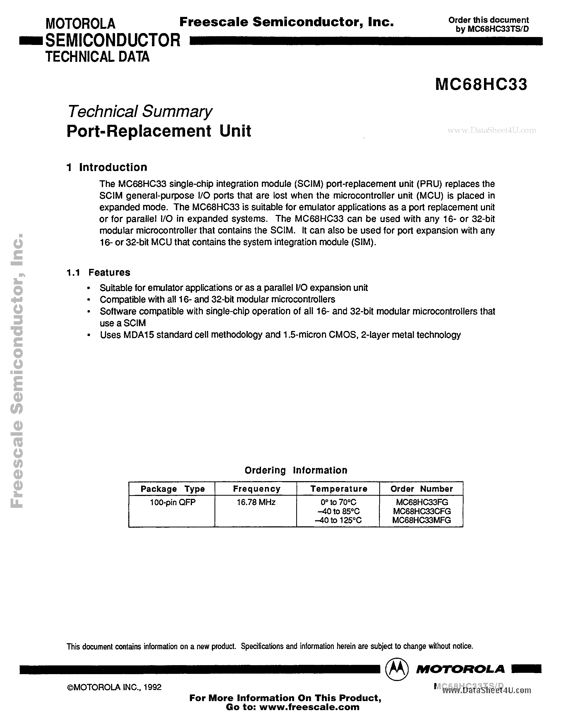 Datasheet MC68HC33 - Port-Replacement Unit page 1