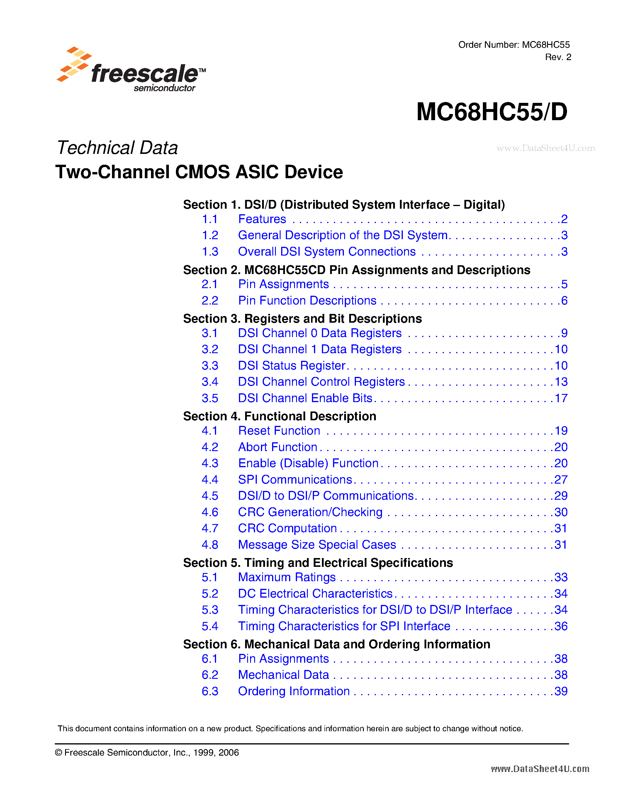 Datasheet MC68HC55 - Two-Channel CMOS ASIC Device page 1
