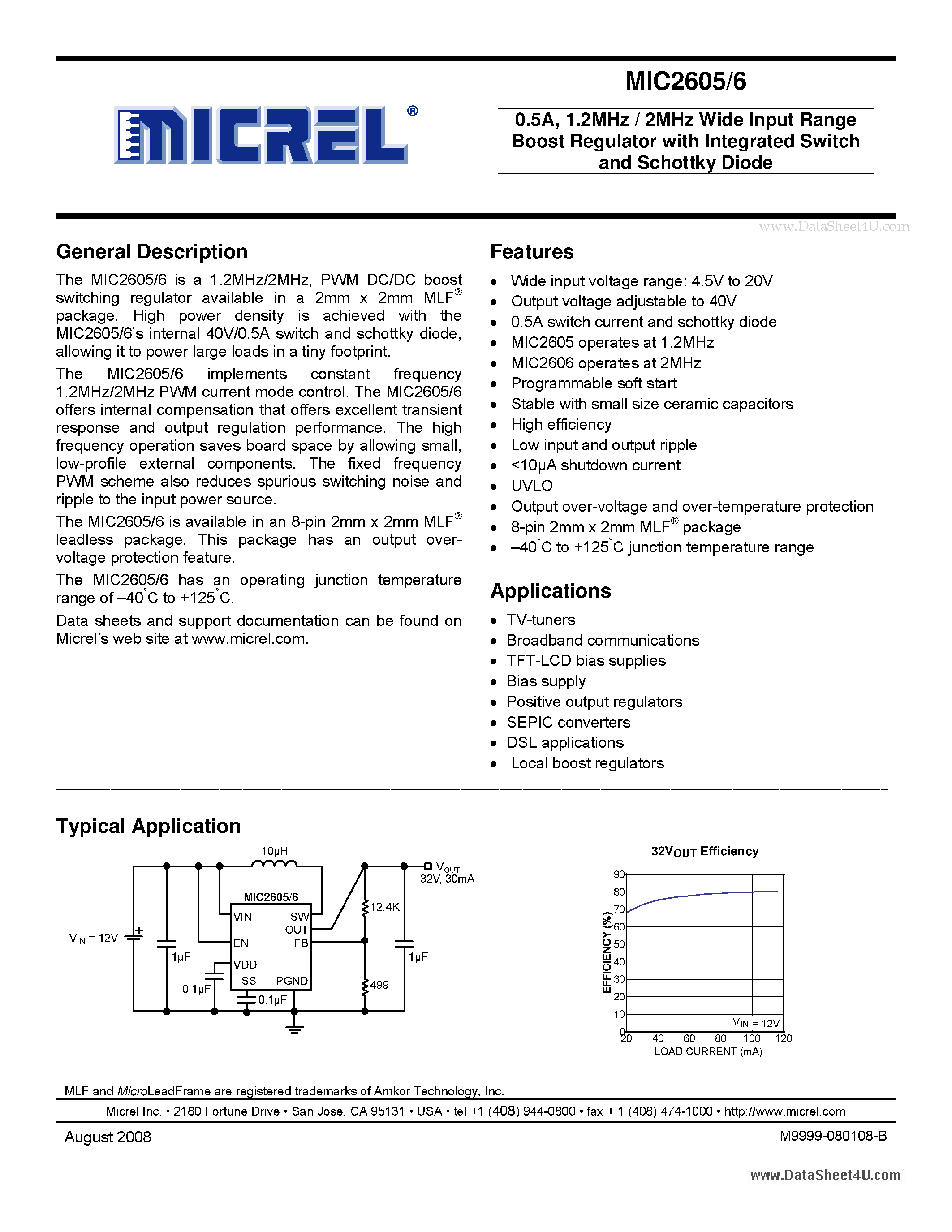 Datasheet MIC2605 - 0.5A 1.2MHz / 2MHz Wide Input Range Boost Regulator page 1
