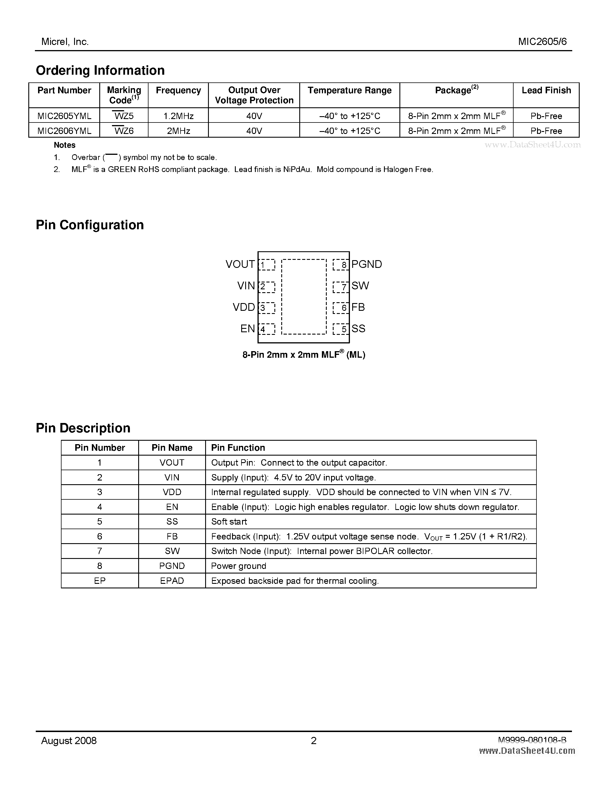 Datasheet MIC2605 - 0.5A 1.2MHz / 2MHz Wide Input Range Boost Regulator page 2
