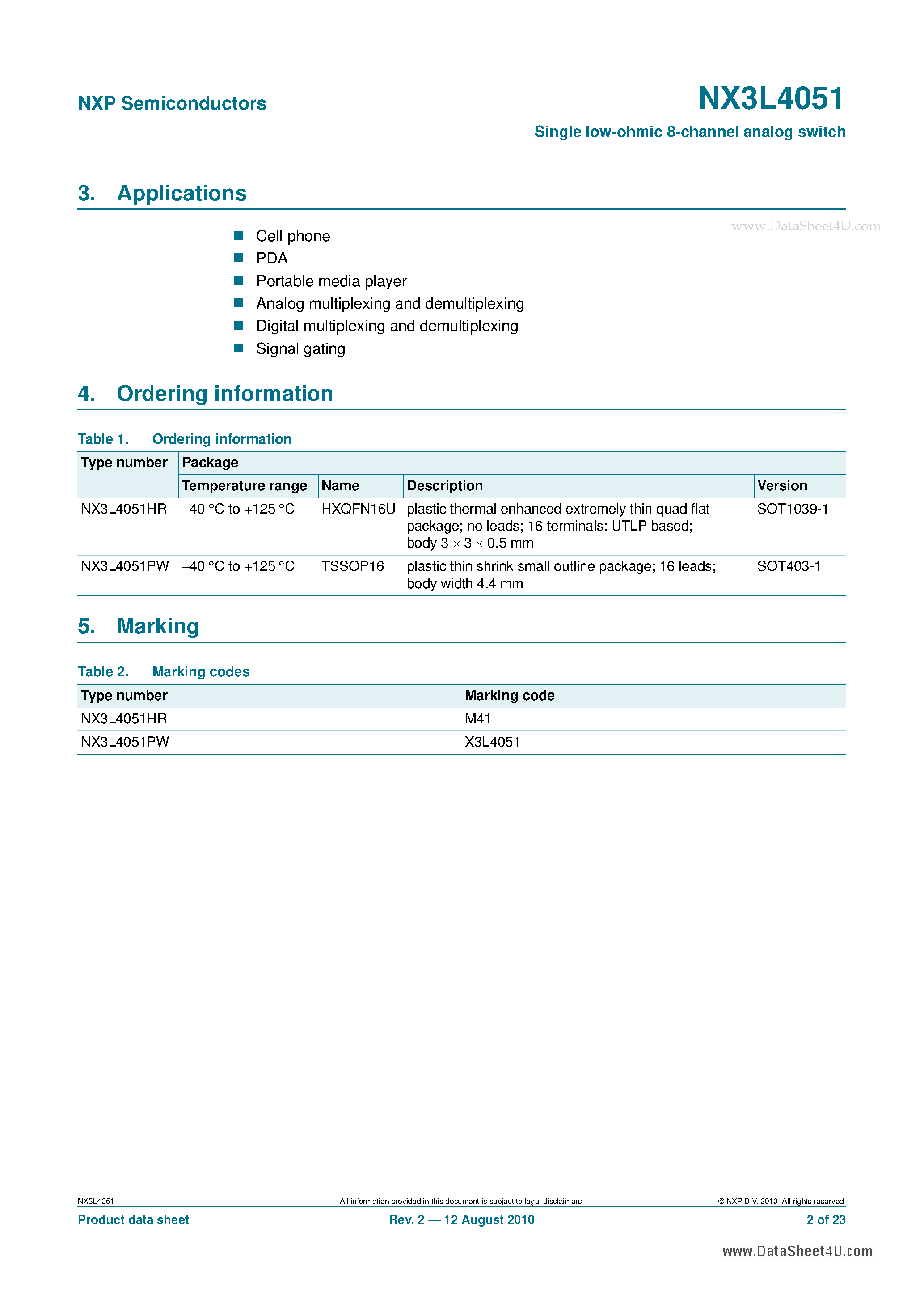 Datasheet NX3L4051 - Single low-ohmic 8-channel analog switch page 2