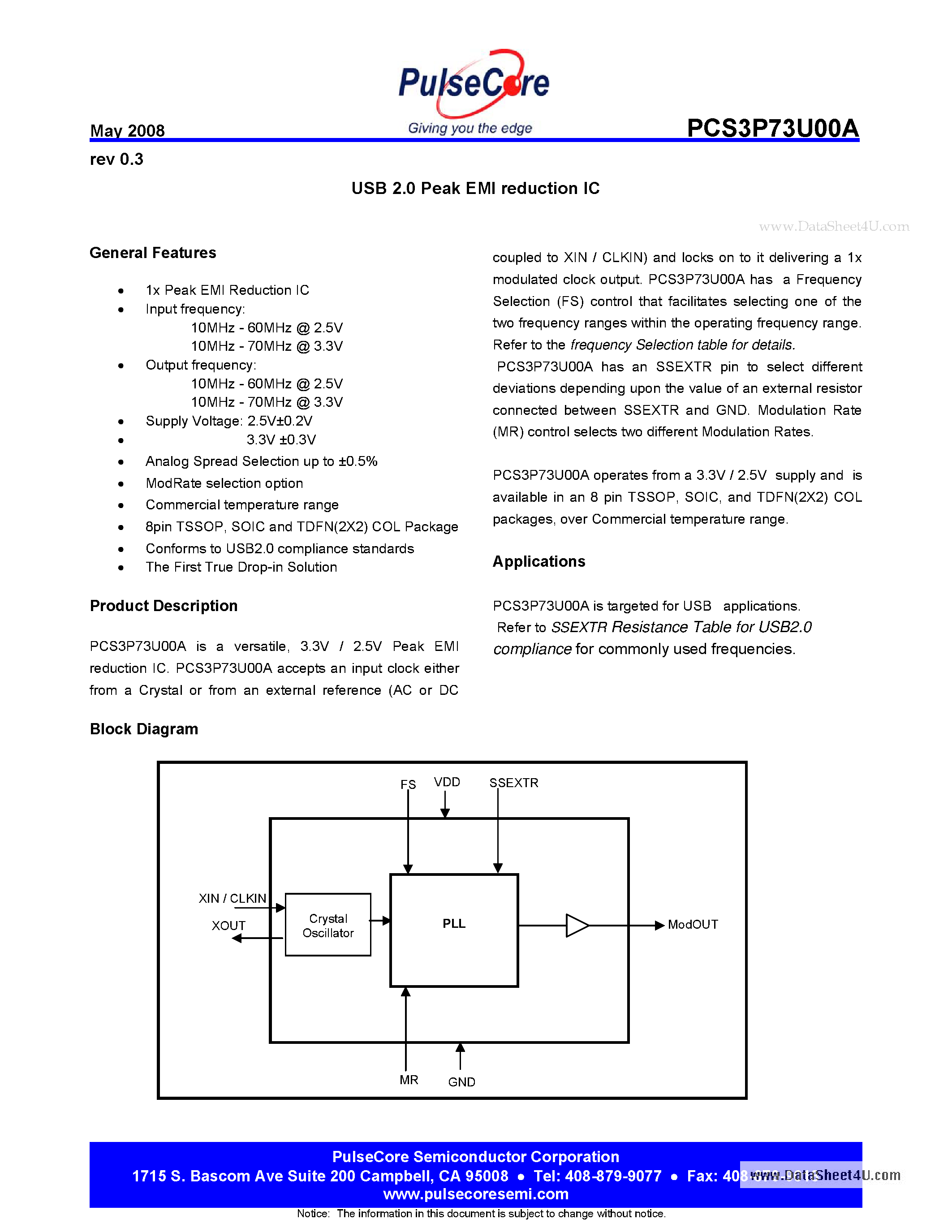 Datasheet PCS3P73U00A - USB 2.0 Peak EMI reduction IC page 1