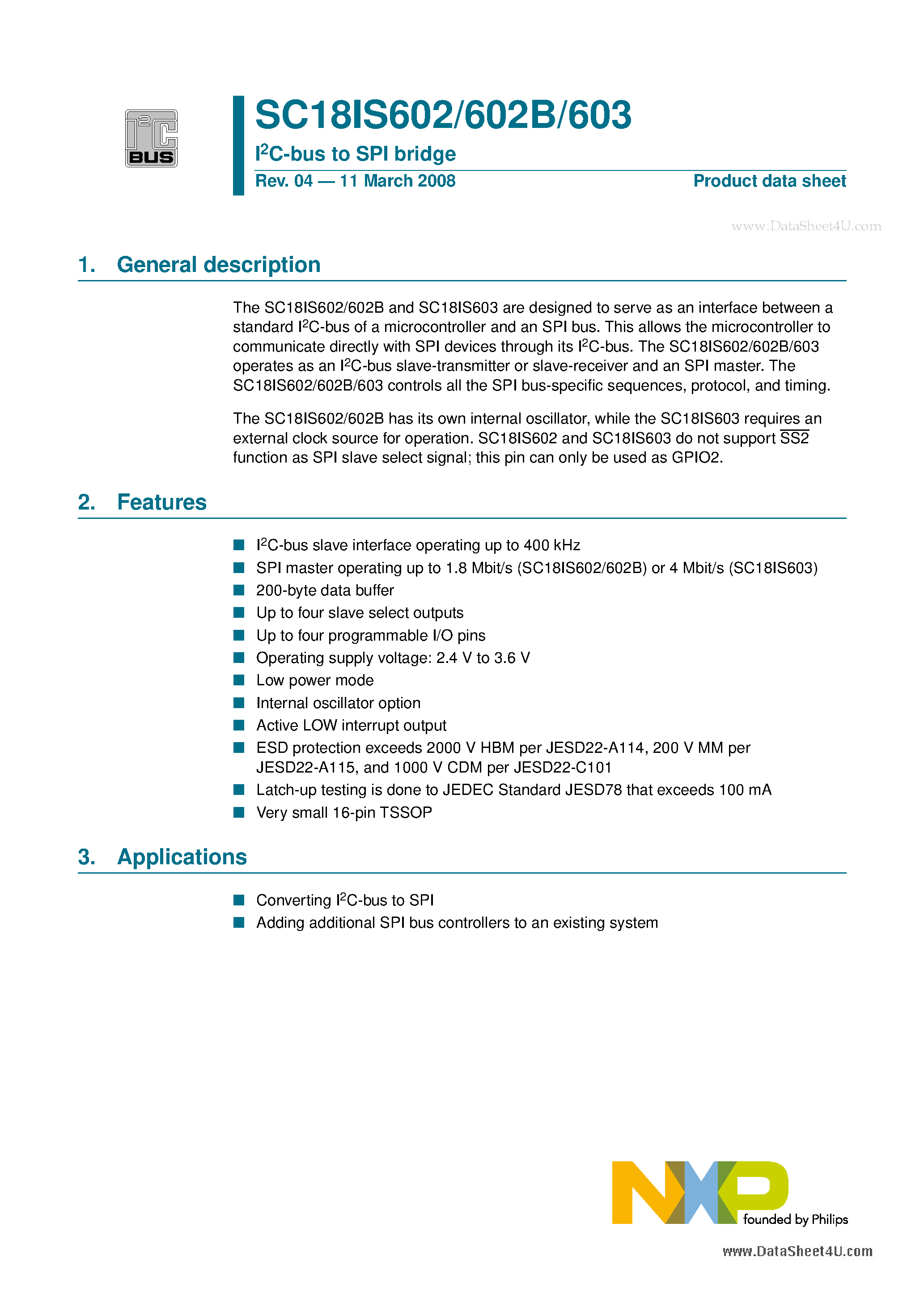 Datasheet SC18IS602B page 1 Datasheet SC18IS602B - I2C-bus to SPI bridge page 1