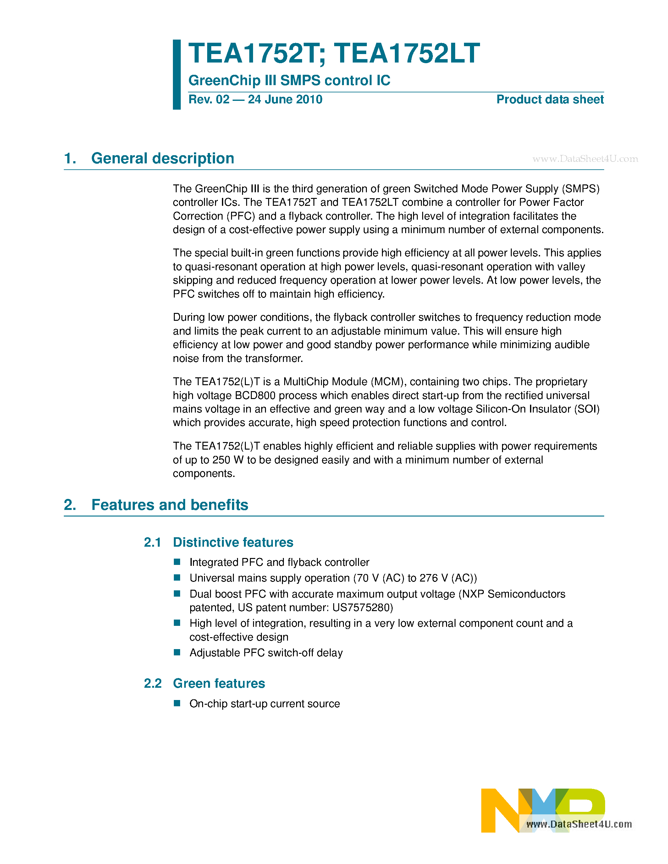 Datasheet TEA1752LT page 1 Datasheet TEA1752LT - GreenChip III SMPS control IC page 1