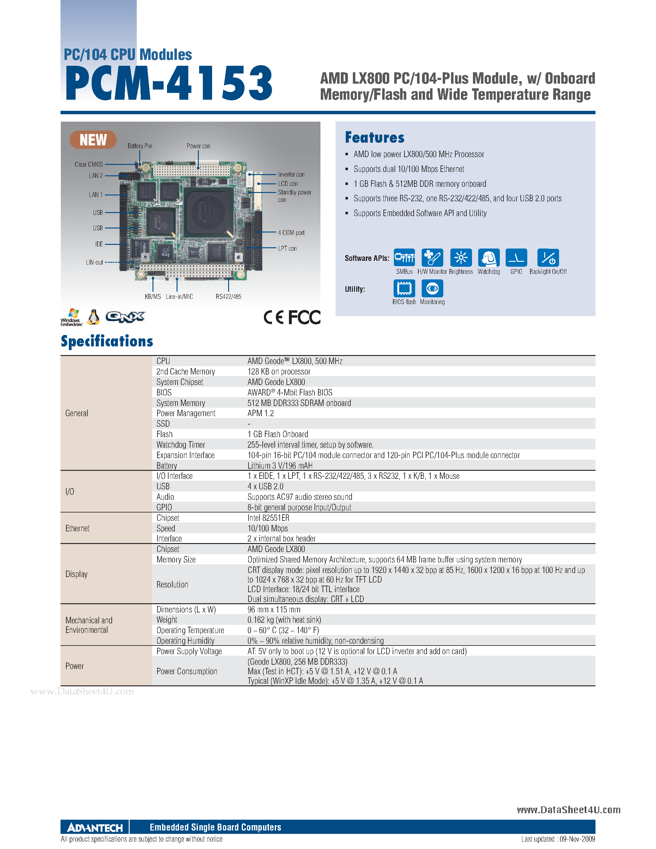 Даташит на микросхему PCM-4153 страница 1 Даташит PCM-4153 - AMD LX800 PC/104-Plus Module w/ Onboard Memory/Flash and Wide Temperature Range страница 1