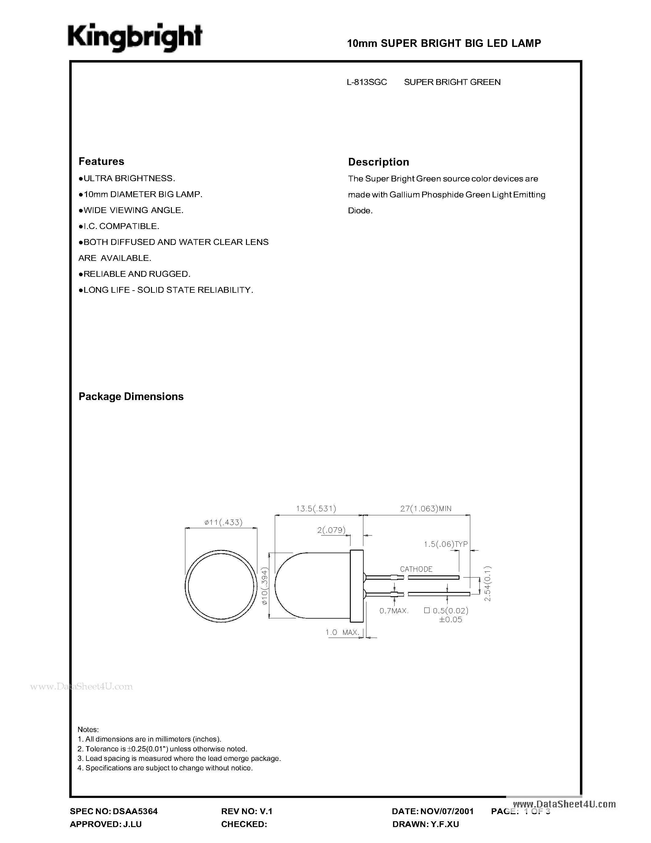 Datasheet L-813SGC - 10mm SUPER BRIGHT BIG LED LAMP page 1