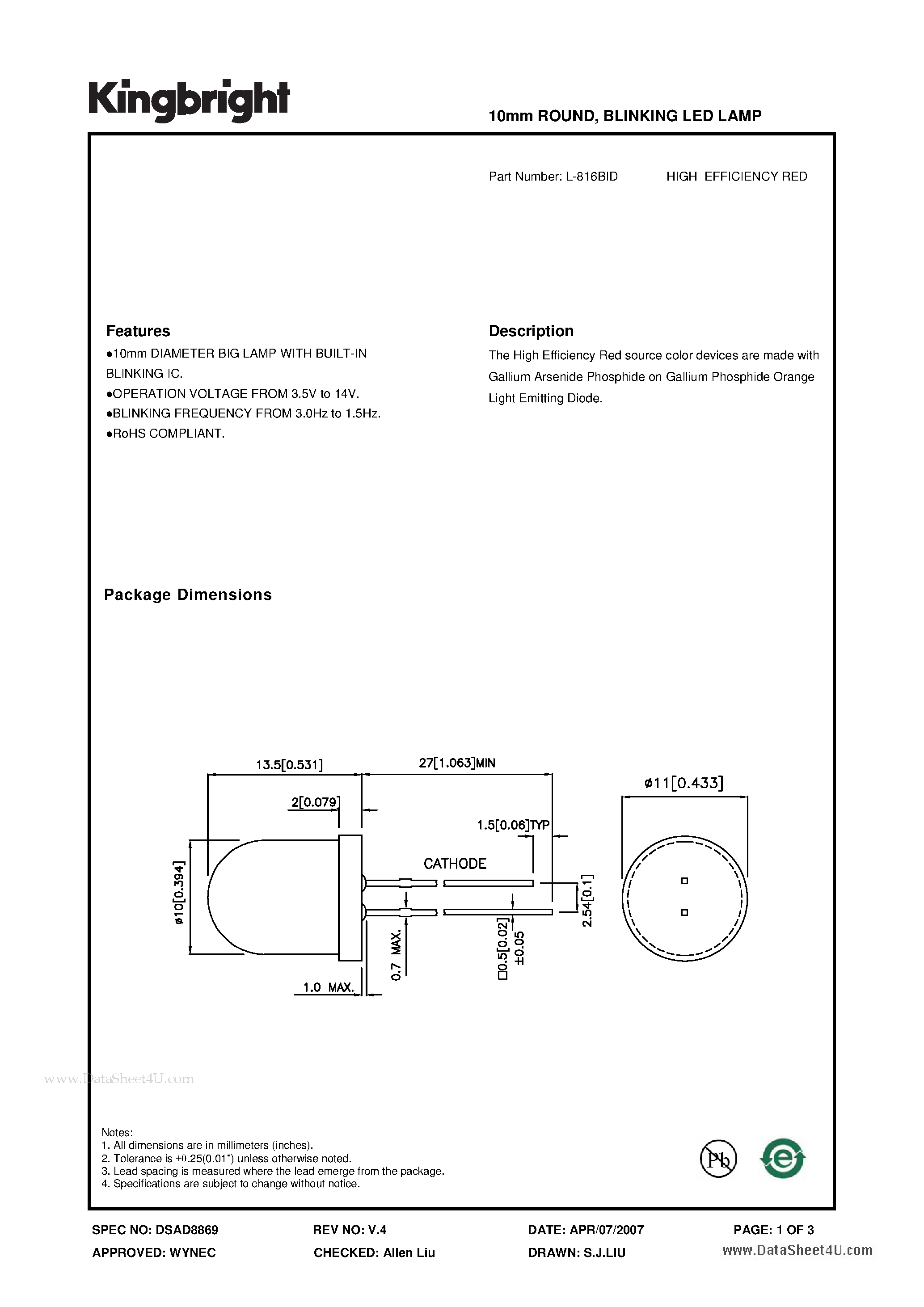 Даташит L-816BID - 10mm ROUND BLINKING LED LAMP страница 1