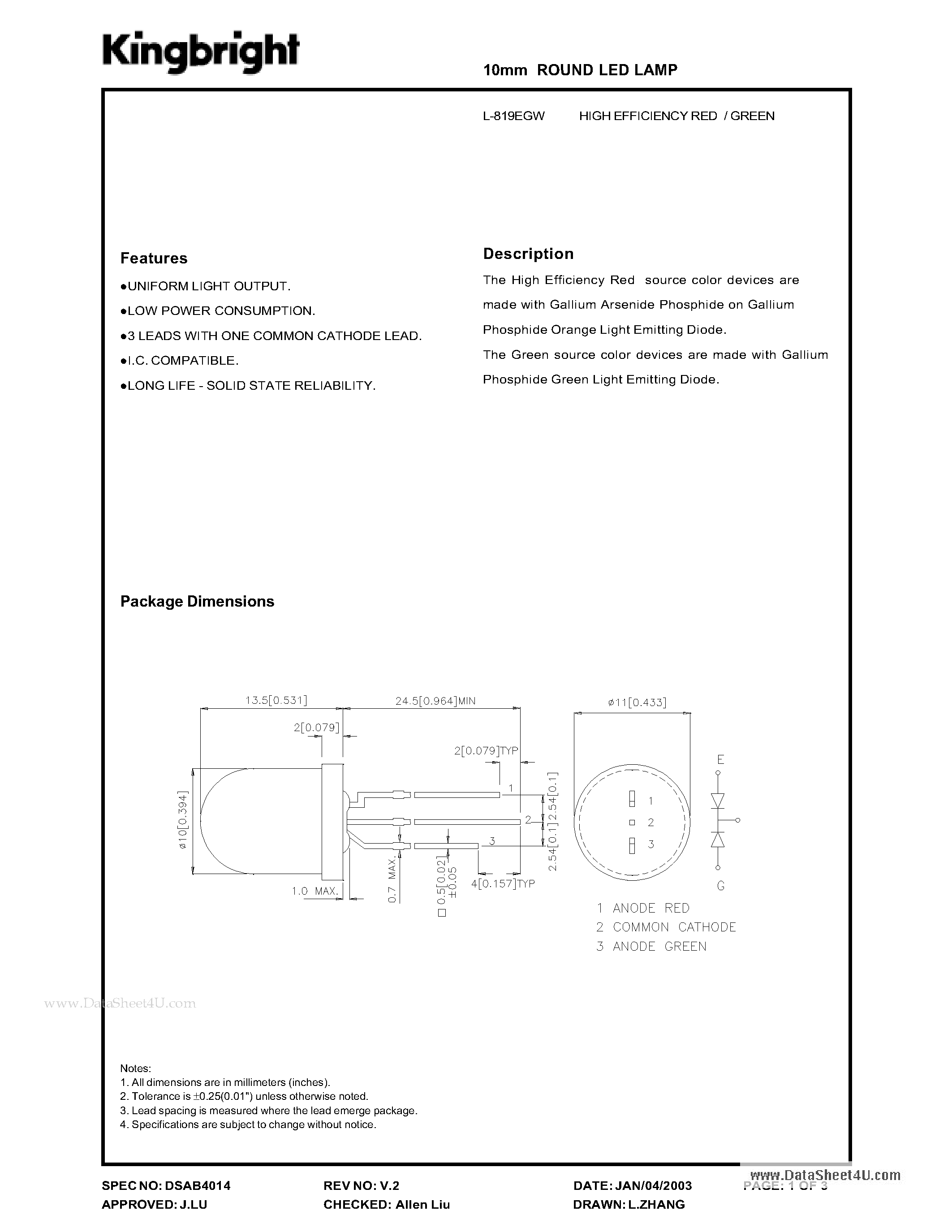 Даташит на микросхему L-819EGW страница 1 Даташит L-819EGW - 10mm ROUND LED LAMP страница 1