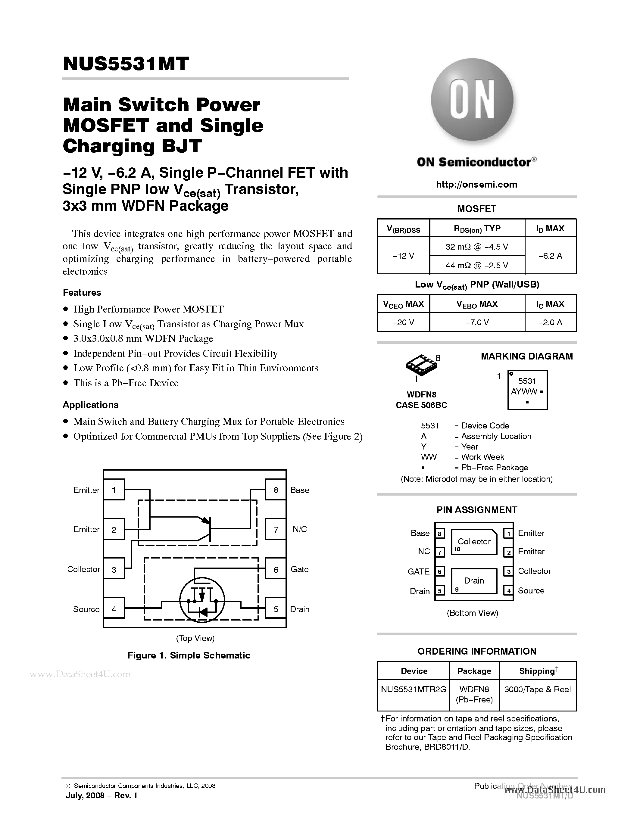 Datasheet NUS5531MT page 1 Datasheet NUS5531MT - Main Switch Power MOSFET and Single Charging BJT page 1