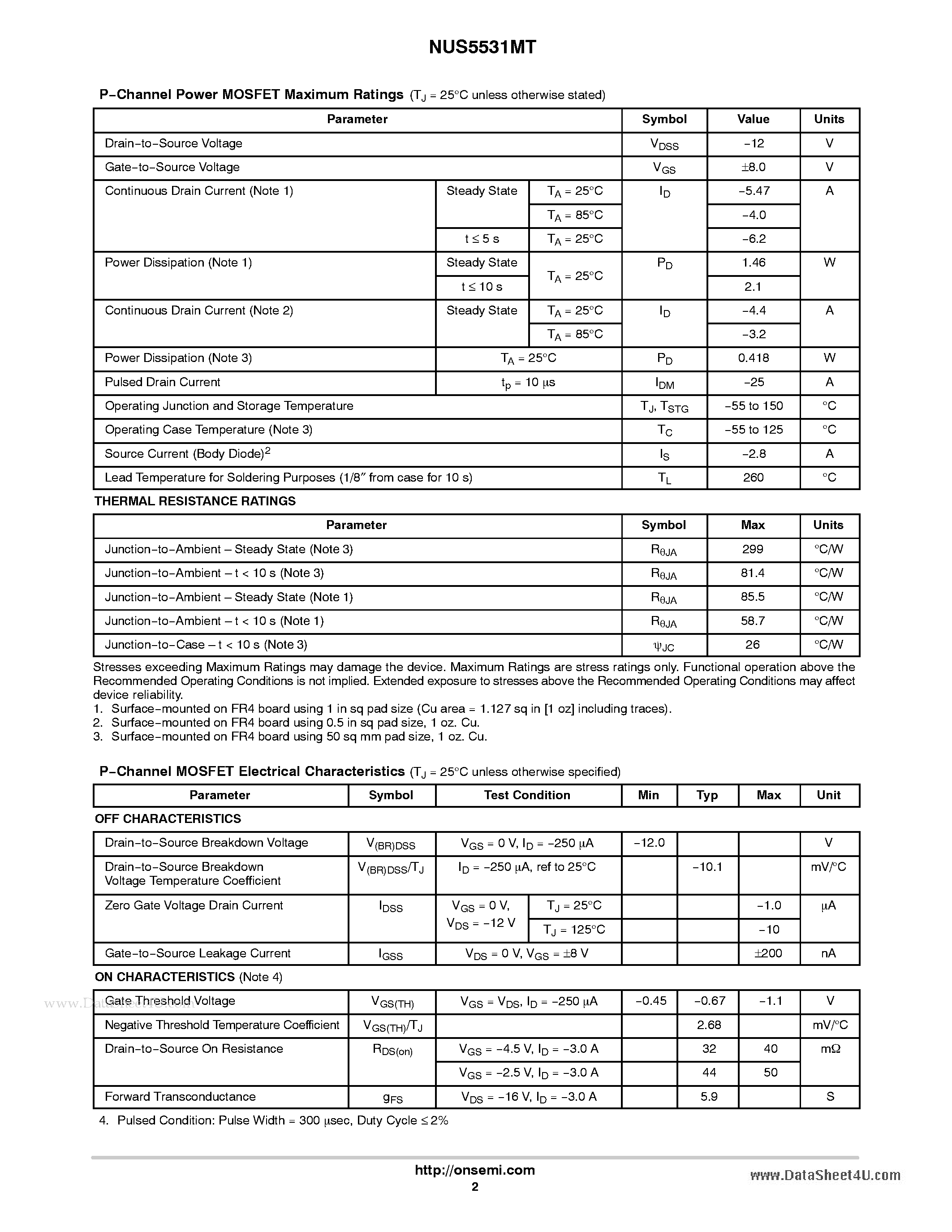 Datasheet NUS5531MT page 2 Datasheet NUS5531MT - Main Switch Power MOSFET and Single Charging BJT page 2