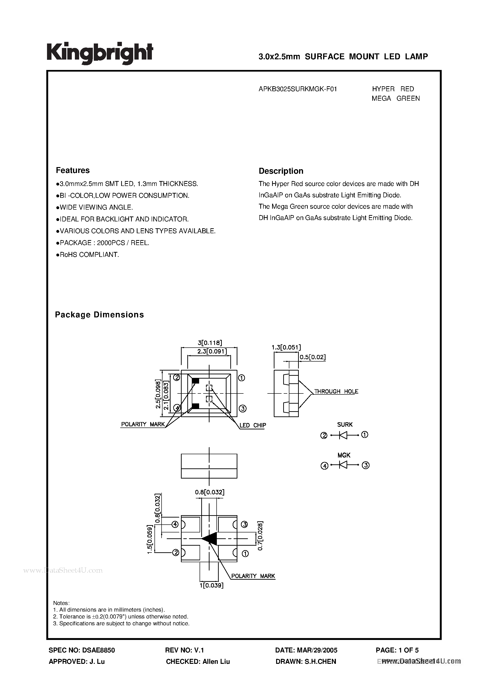 Datasheet APKB3025SURKMGK-F01 - 3.0x2.5mm SURFACE MOUNT LED LAMP page 1