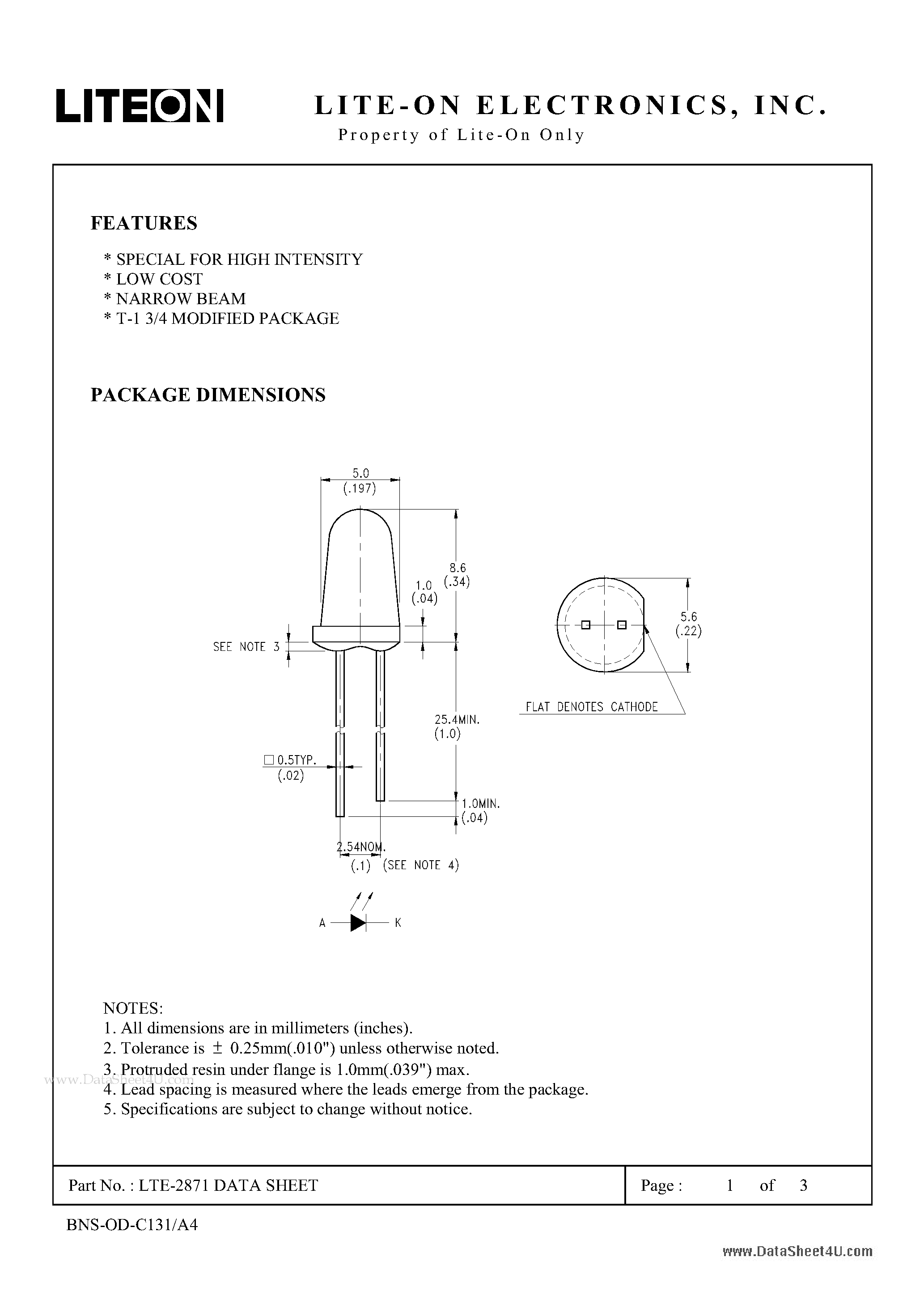 Datasheet LTE-2871 page 1 Datasheet LTE-2871 - Gaalas T-1 3/4 Modified Infrared Emitting Diode page 1