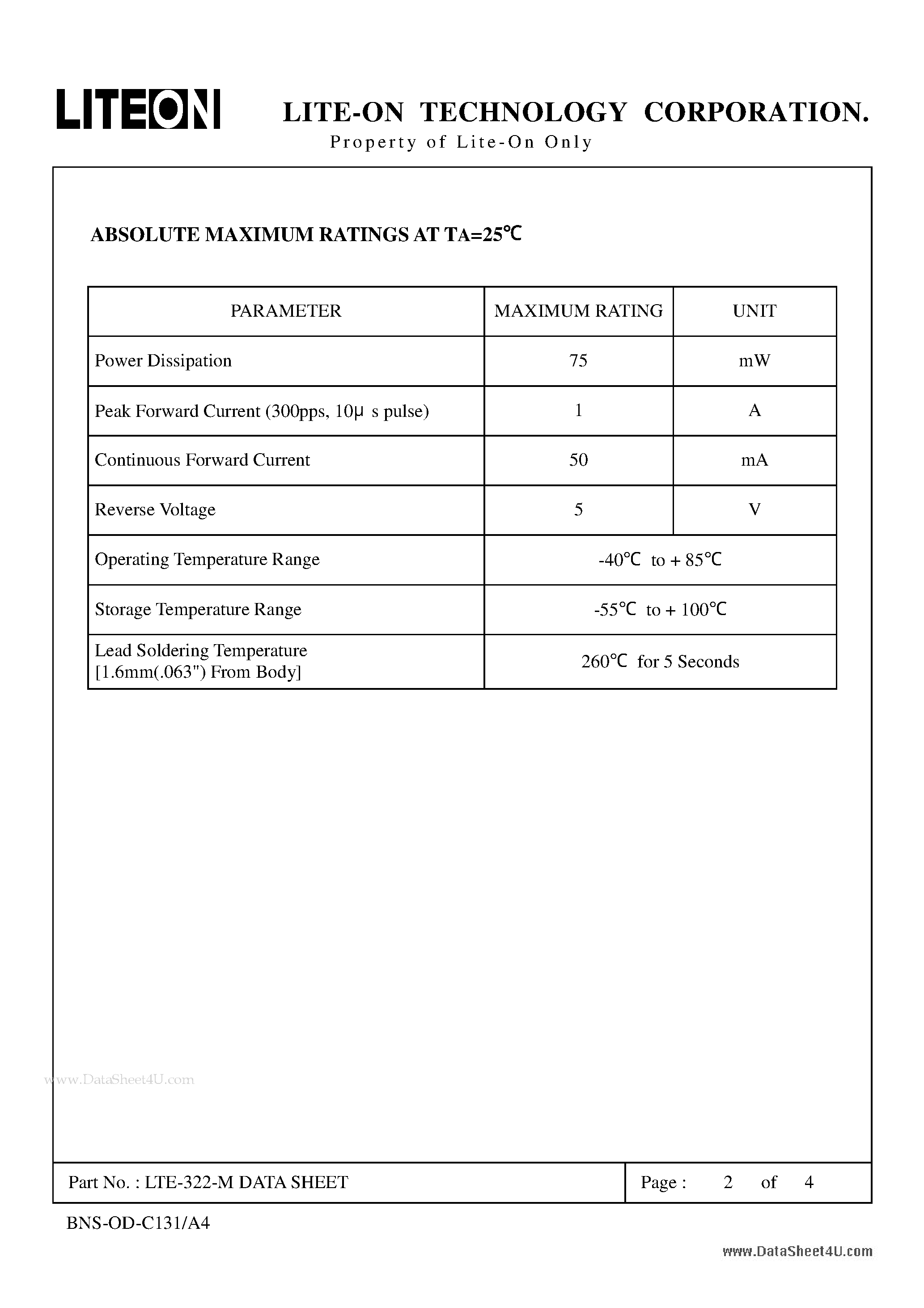 Даташит LTE-322-M - Property of Lite-On Only страница 2