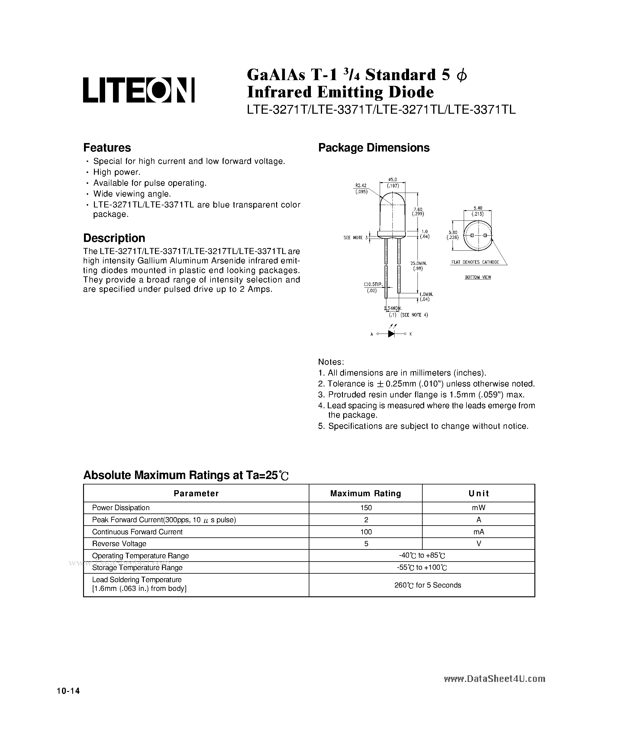 Datasheet LTE-3271T - GaAlAs T-1 3/4 Standard 5 Infrared Emitting Diode page 1