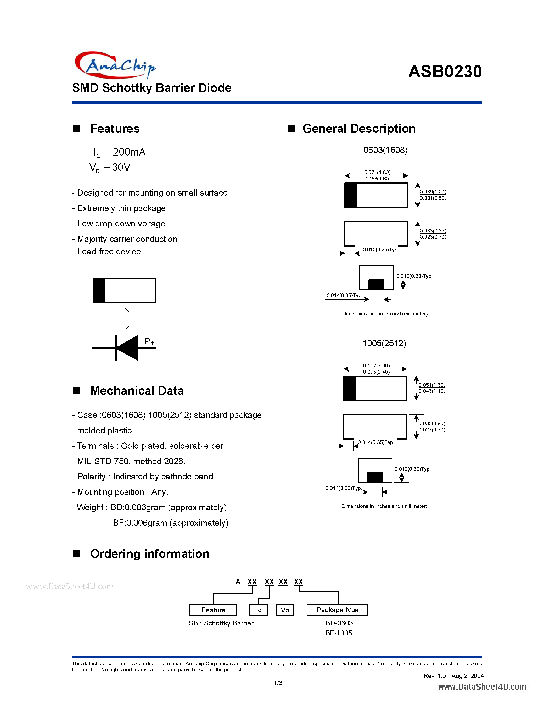 Datasheet ASB0230 - SMD Schottky Barrier Diode page 1