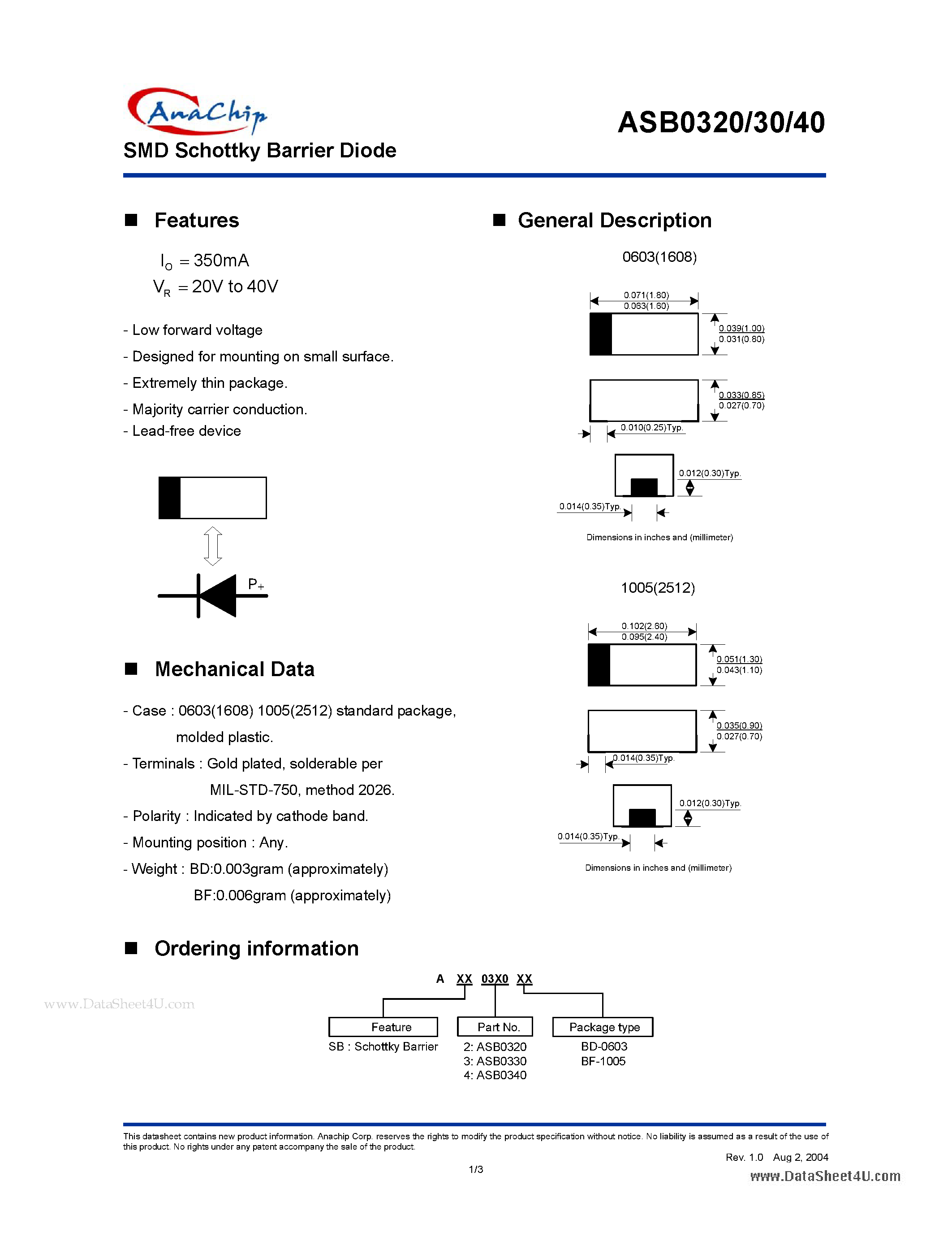 Datasheet ASB0320 - SMD Schottky Barrier Diode page 1