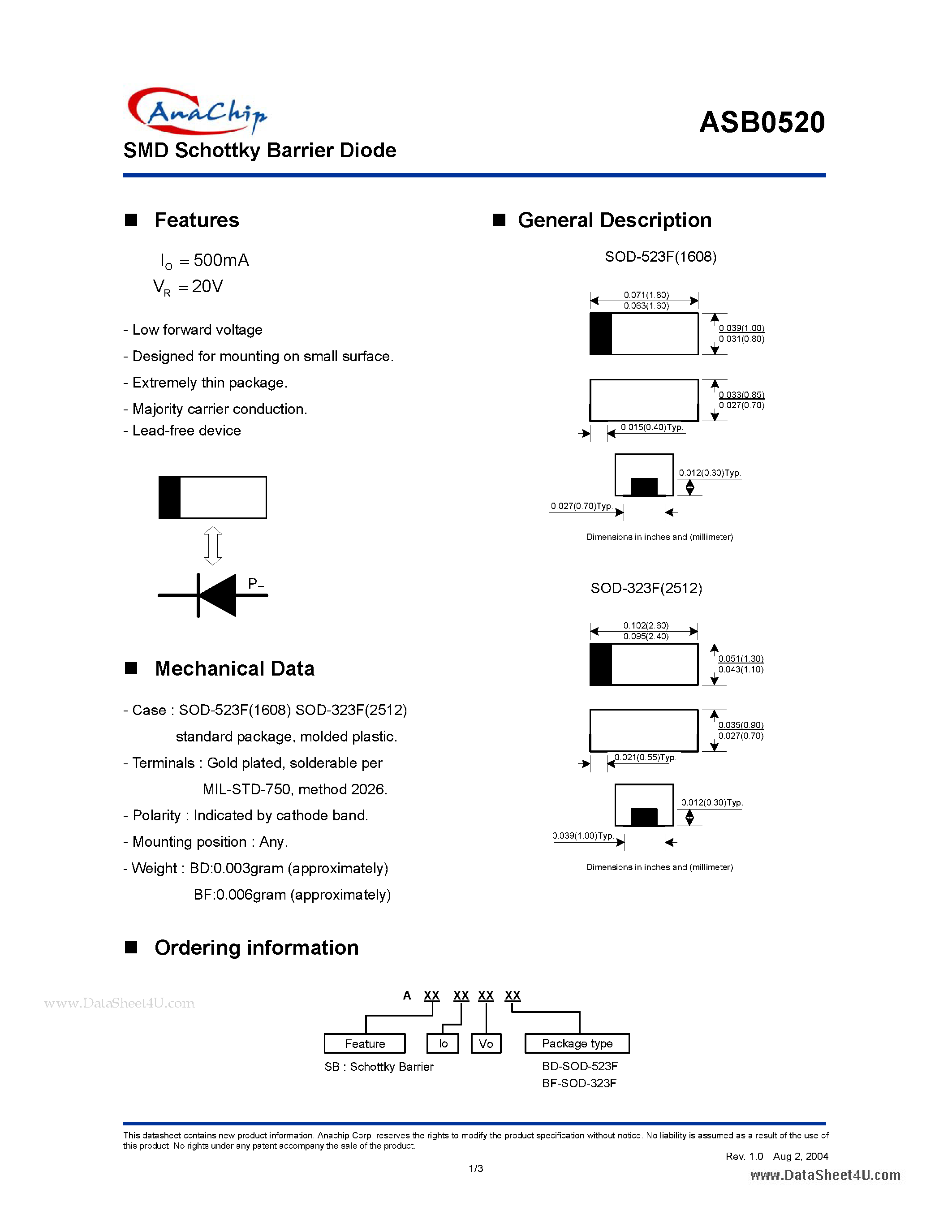Datasheet ASB0520 page 1 Datasheet ASB0520 - SMD Schottky Barrier Diode page 1