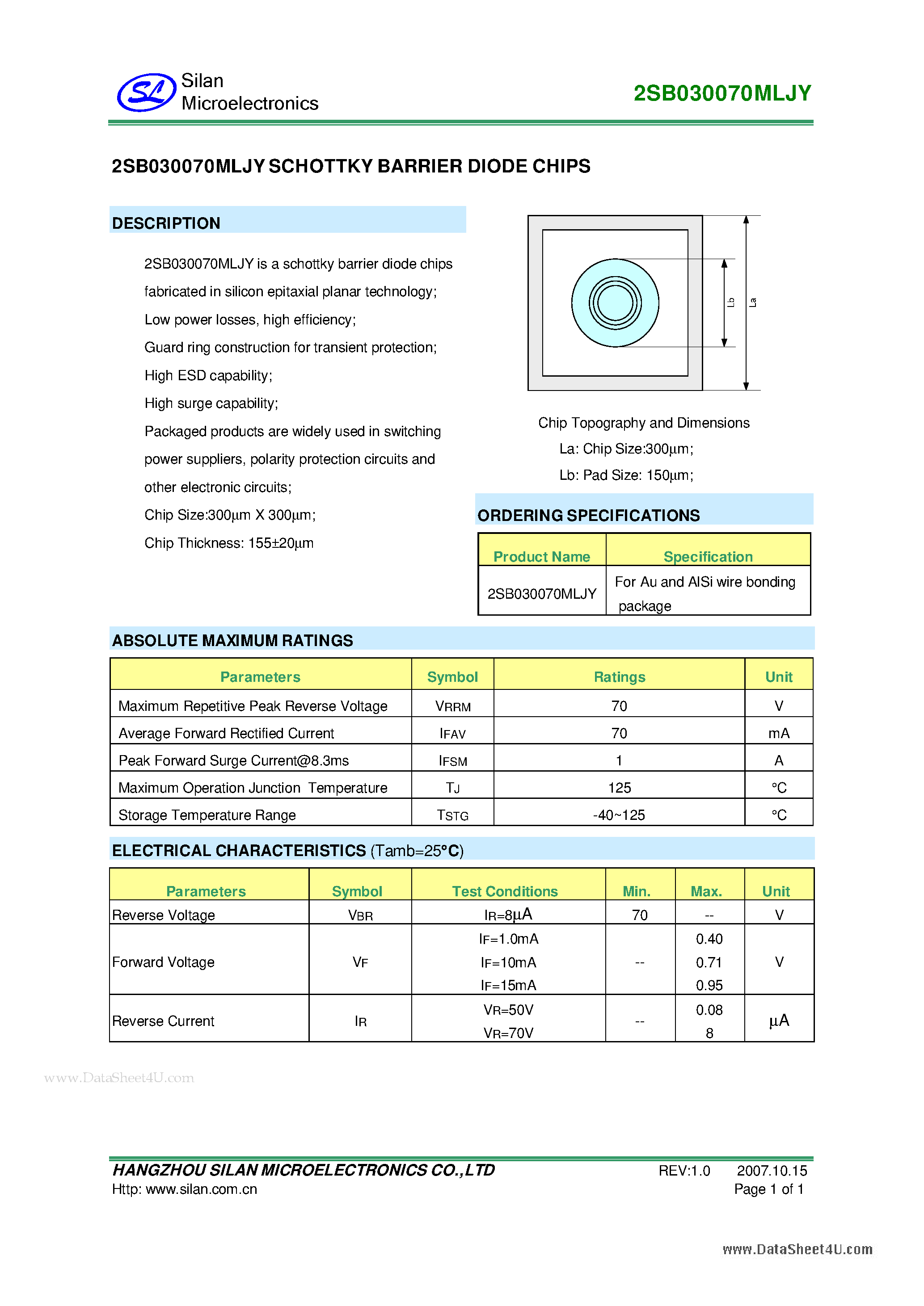 Datasheet 2SB030070MLJY - 2SB030070MLJY SCHOTTKY BARRIER DIODE CHIPS page 1