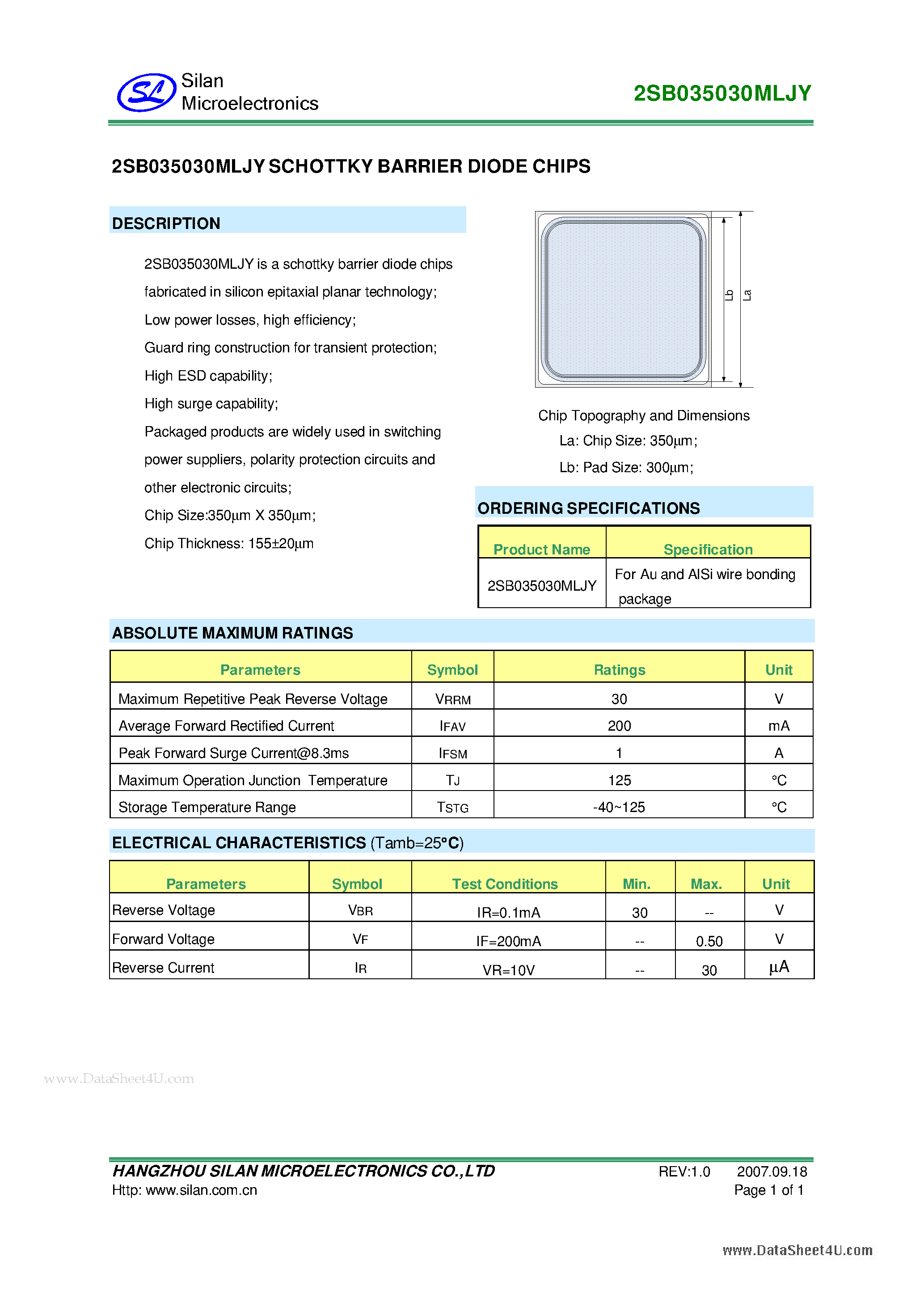 Datasheet 2SB035030MLJY - 2SB035030MLJY SCHOTTKY BARRIER DIODE CHIPS page 1