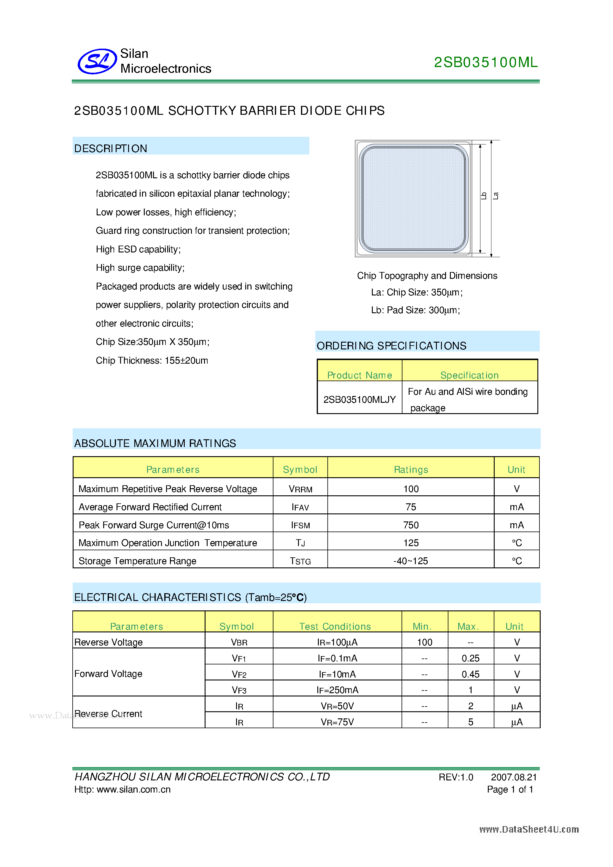 Datasheet 2SB035100ML page 1 Datasheet 2SB035100ML - 2SB035100ML SCHOTTKY BARRIER DIODE CHIPS page 1