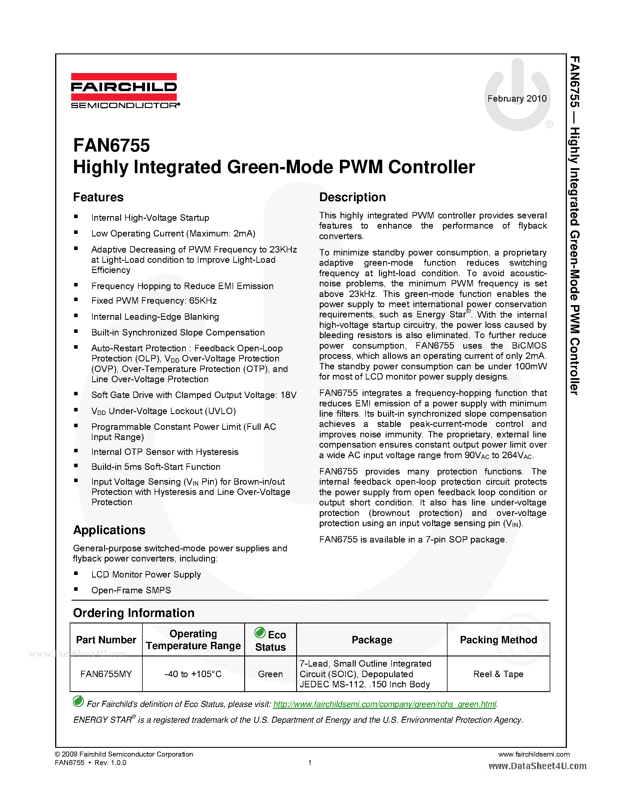 Даташит FAN6755 - Highly Integrated Green-Mode PWM Controller страница 1