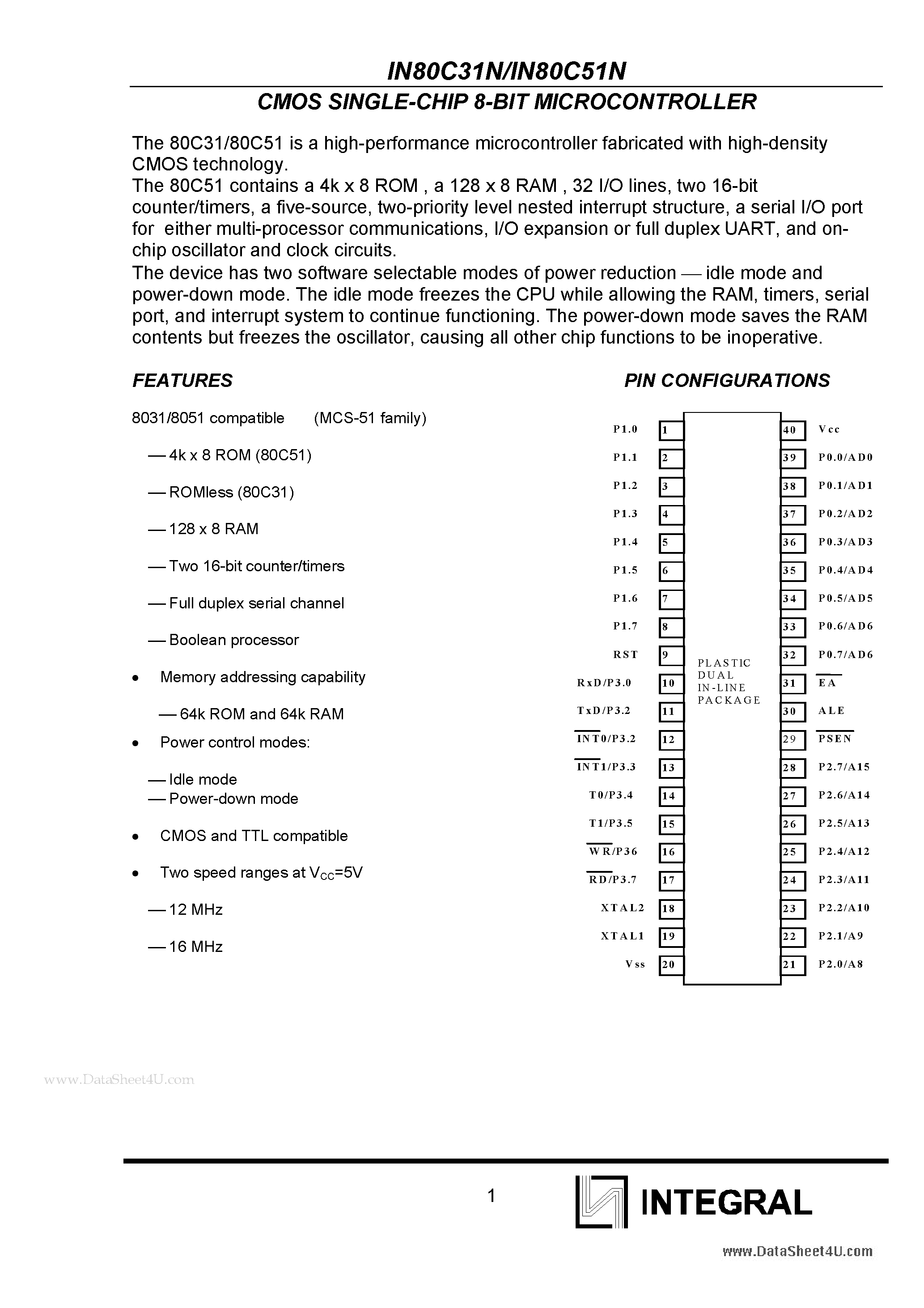 Datasheet IN80C31N - CMOS SINGLE-CHIP 8-BIT MICROCONTROLLER page 1