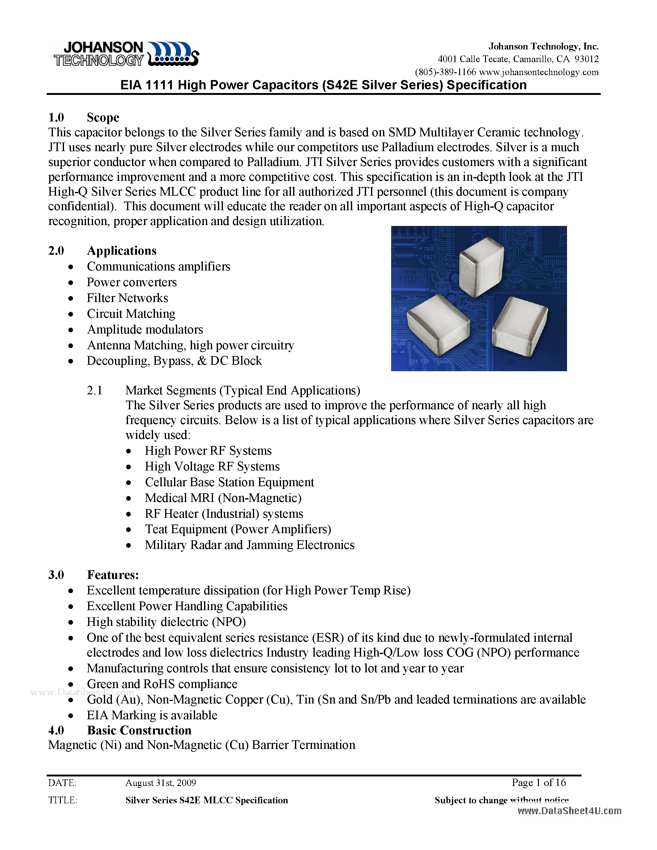 Datasheet EIA1111 page 1 Datasheet EIA1111 - High Power Capacitors (S42E Silver Series) Specification page 1