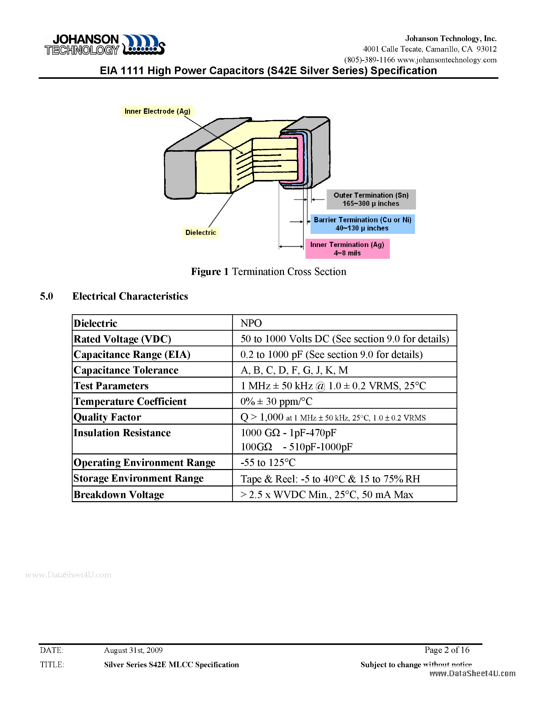 Datasheet EIA1111 page 2 Datasheet EIA1111 - High Power Capacitors (S42E Silver Series) Specification page 2