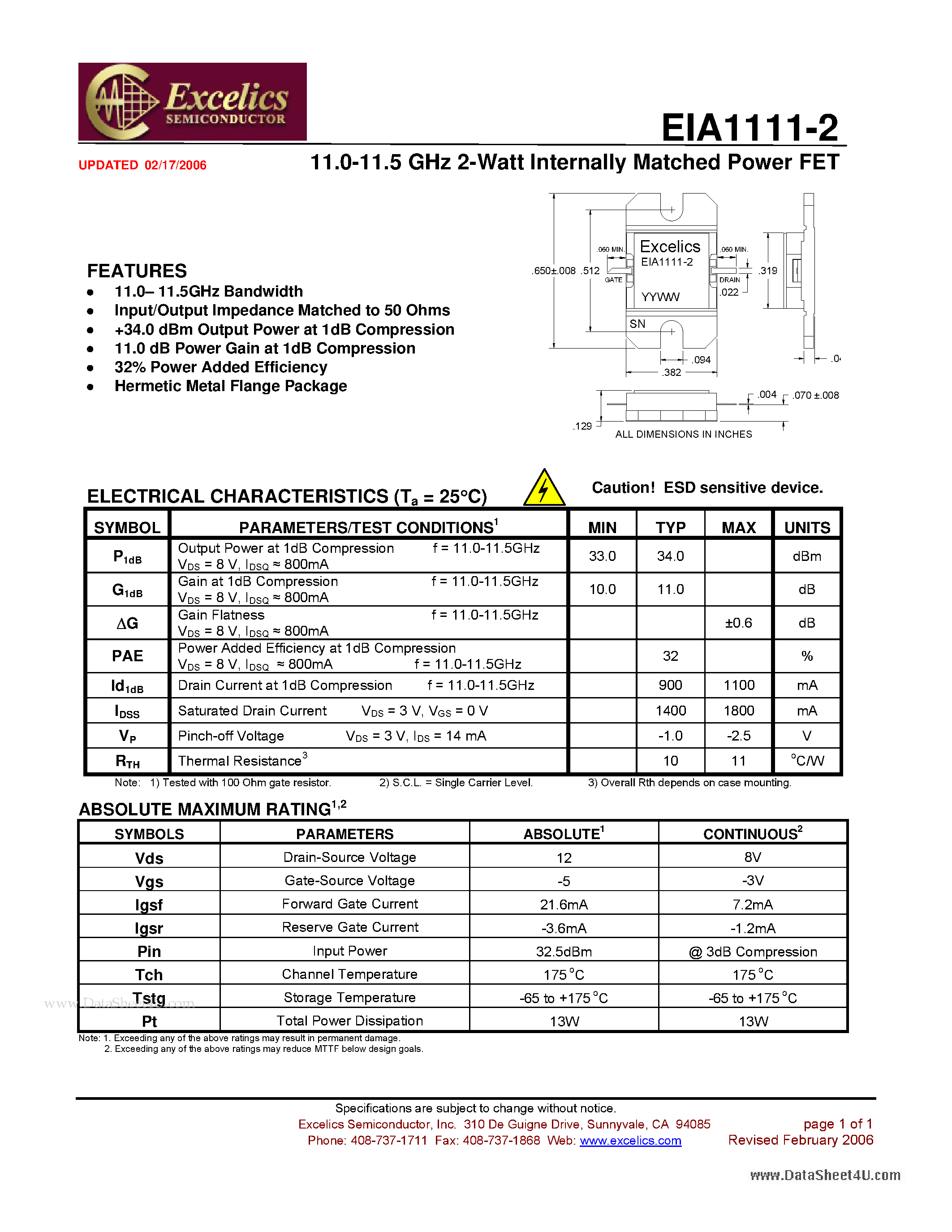 Datasheet EIA1111-2 - 11.0-11.5 GHz 2-Watt Internally Matched Power FET page 1