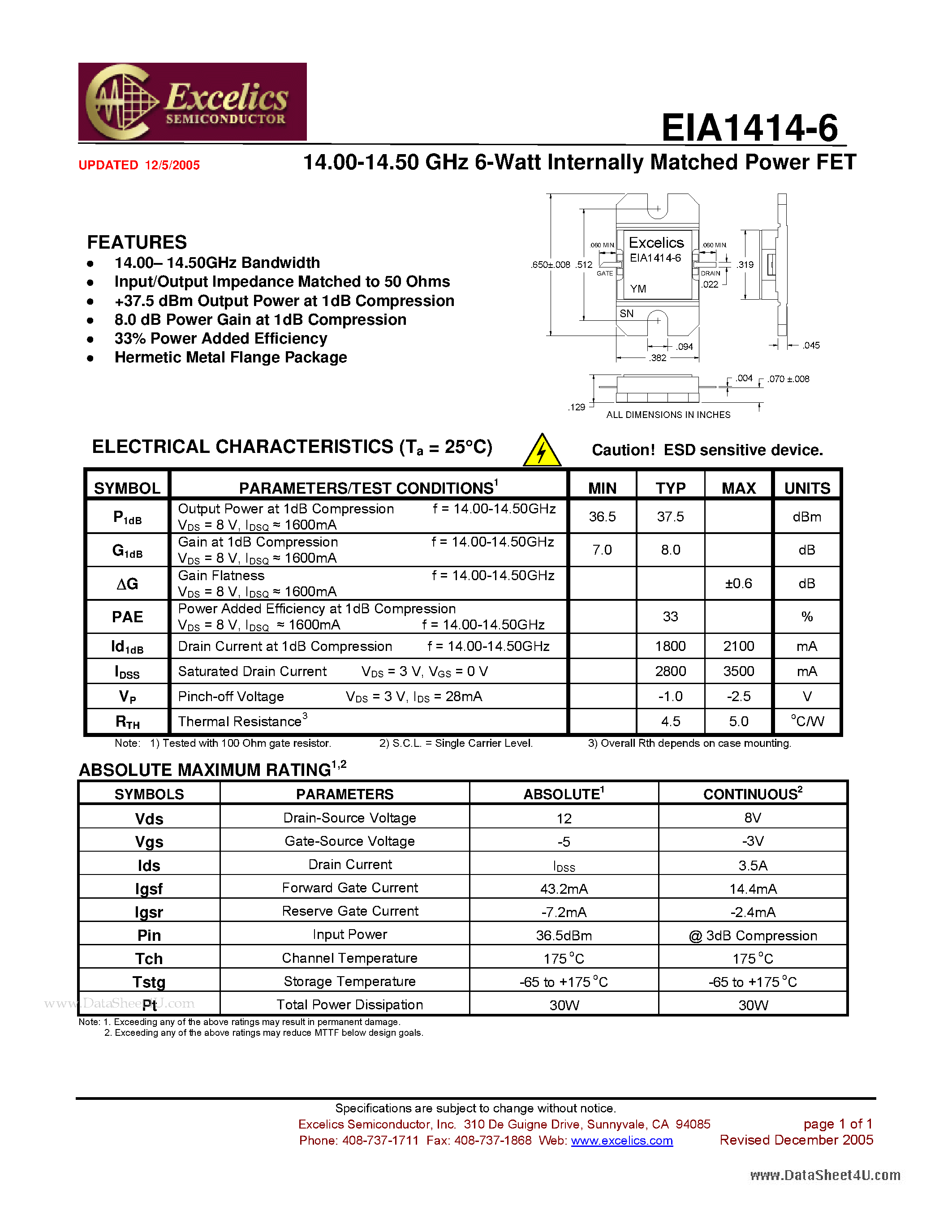 Даташит на микросхему EIA1414-6 страница 1 Даташит EIA1414-6 - 14.00-14.50 GHz 6-Watt Internally Matched Power FET страница 1