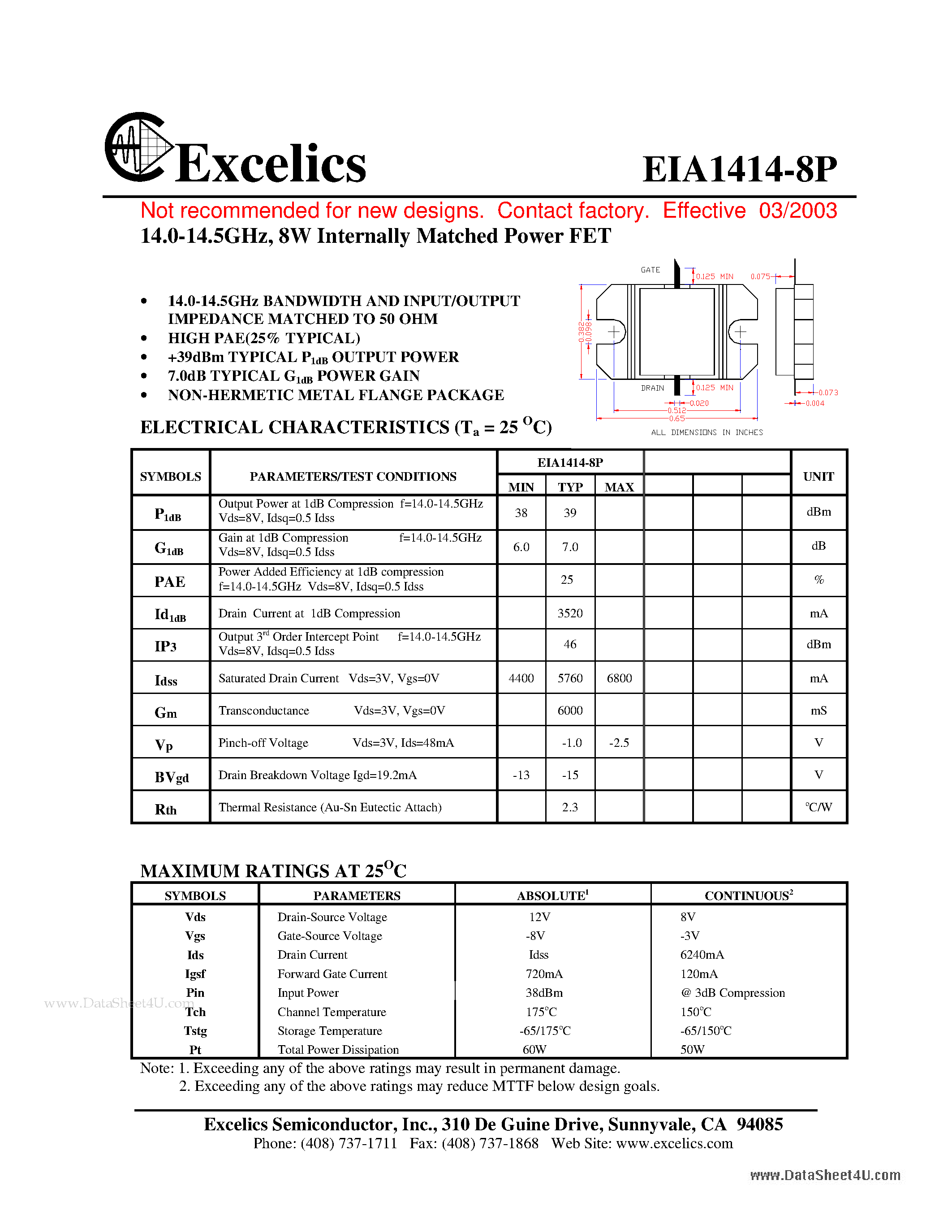 Datasheet EIA1414-8P page 1 Datasheet EIA1414-8P - 14.0-14.5GHz 8W Internally Matched Power FET page 1