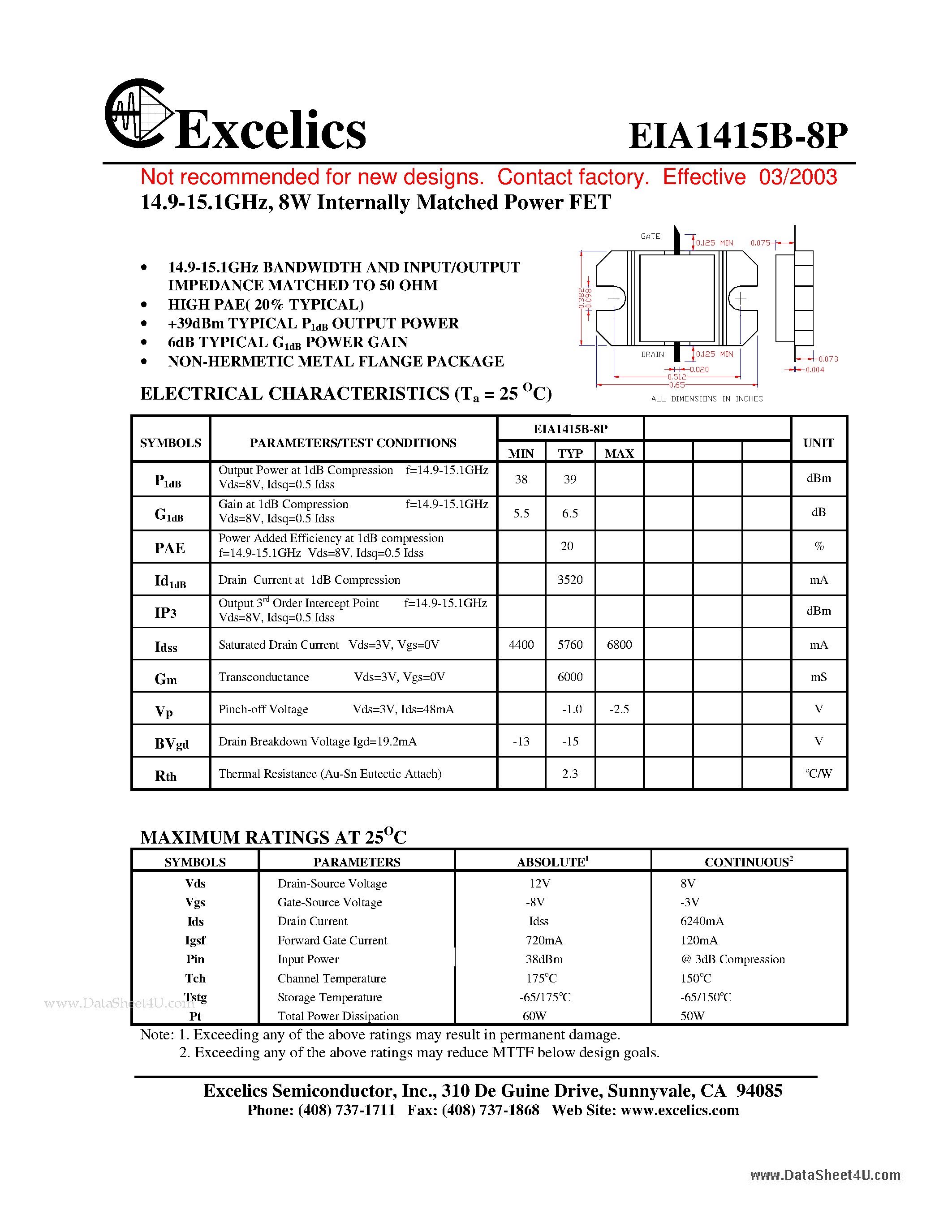 Даташит EIA1415B-8P - 14.9-15.1GHz 8W Internally Matched Power FET страница 1