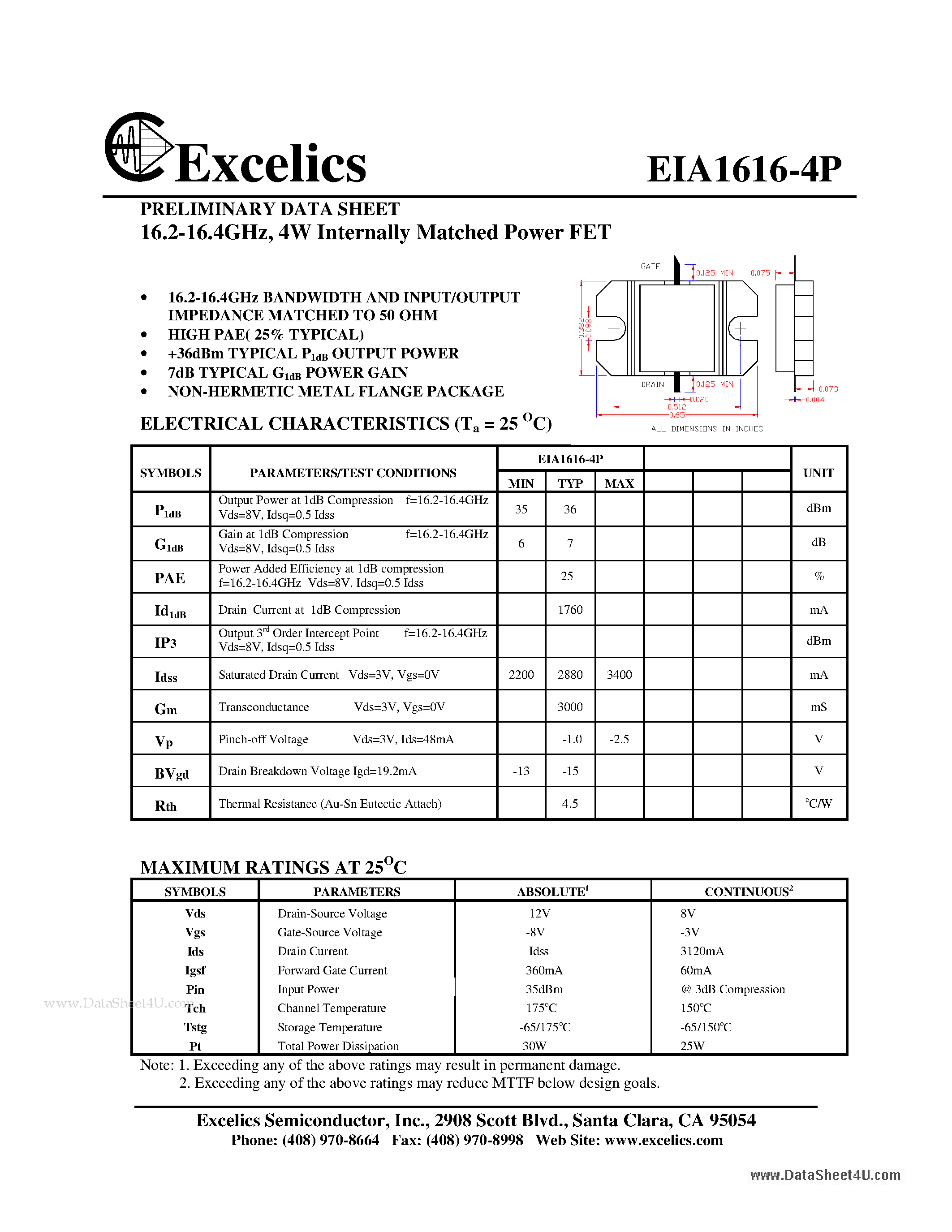 Даташит EIA1616-4P - 16.2-16.4GHz 4W Internally Matched Power FET страница 1