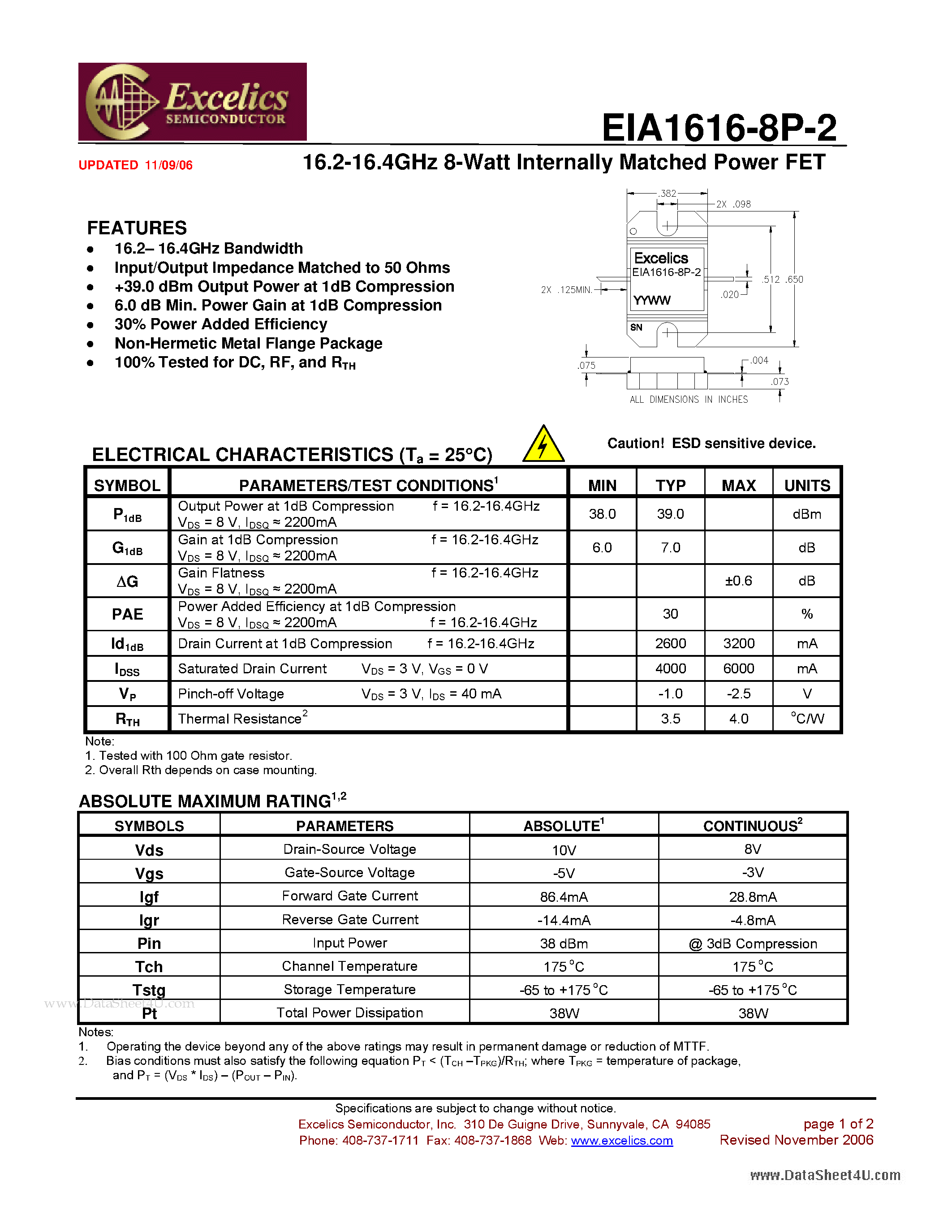 Datasheet EIA1616-8P-2 - 16.2-16.4GHz 8-Watt Internally Matched Power FET page 1