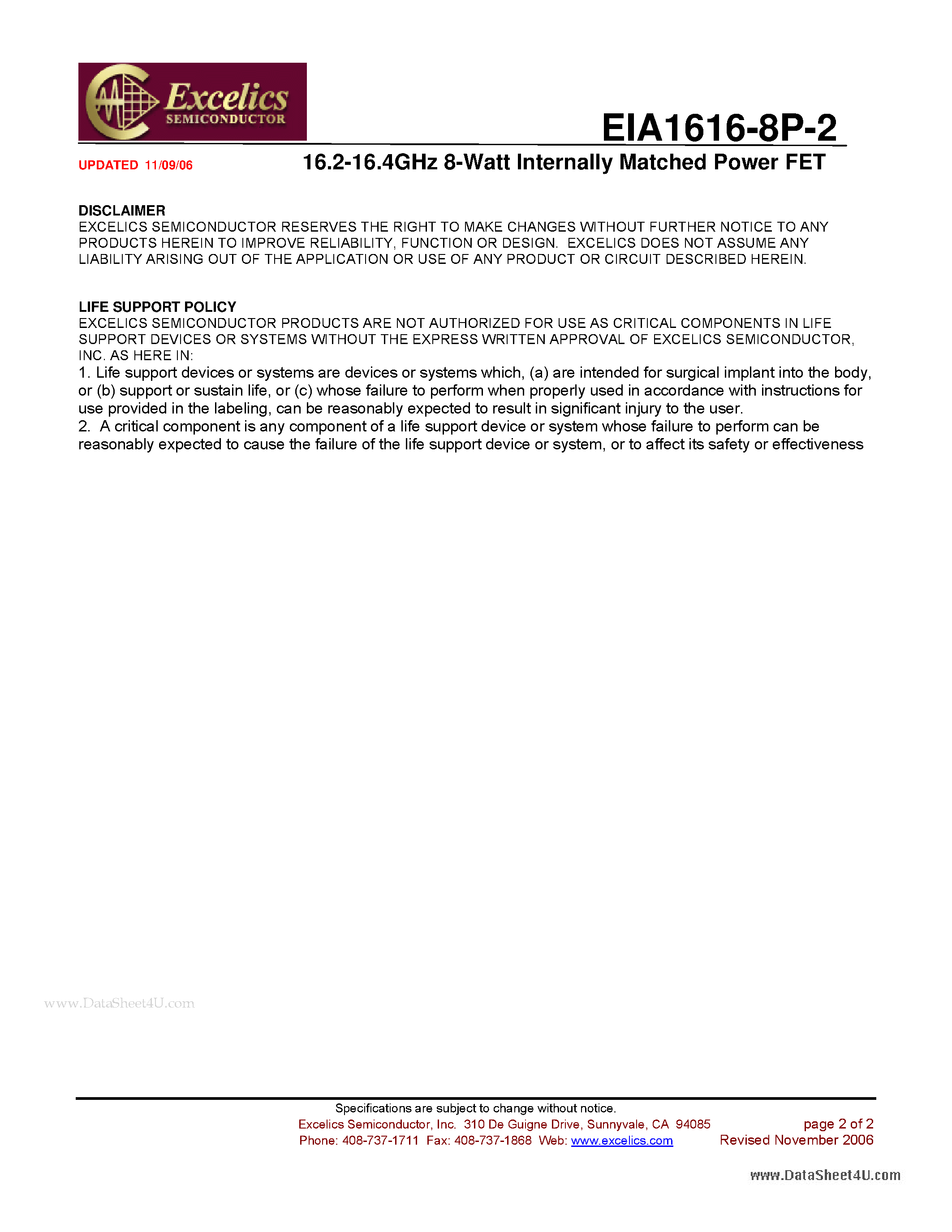 Datasheet EIA1616-8P-2 - 16.2-16.4GHz 8-Watt Internally Matched Power FET page 2