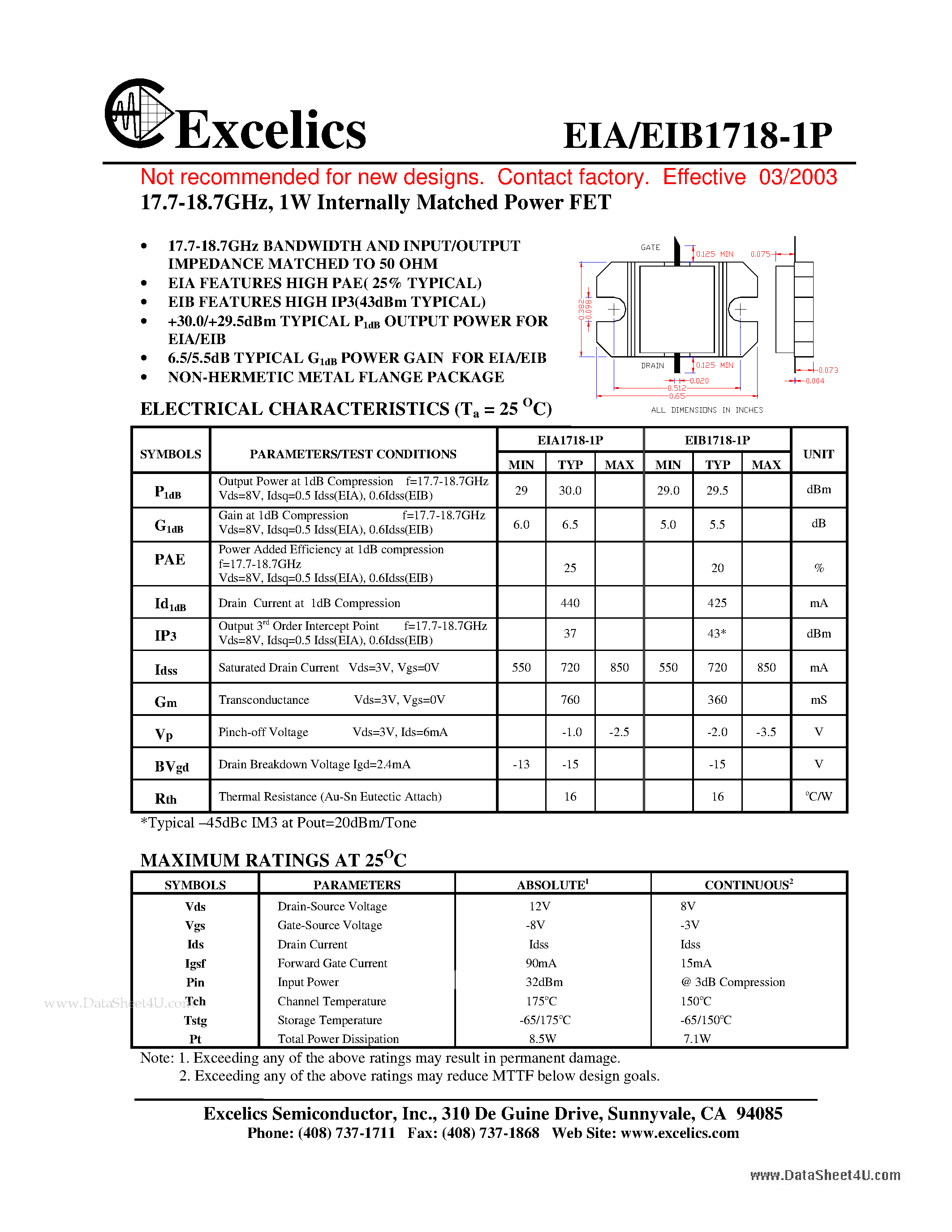 Даташит EIA1718-1P - 17.7-18.7GHz 1W Internally Matched Power FET страница 1