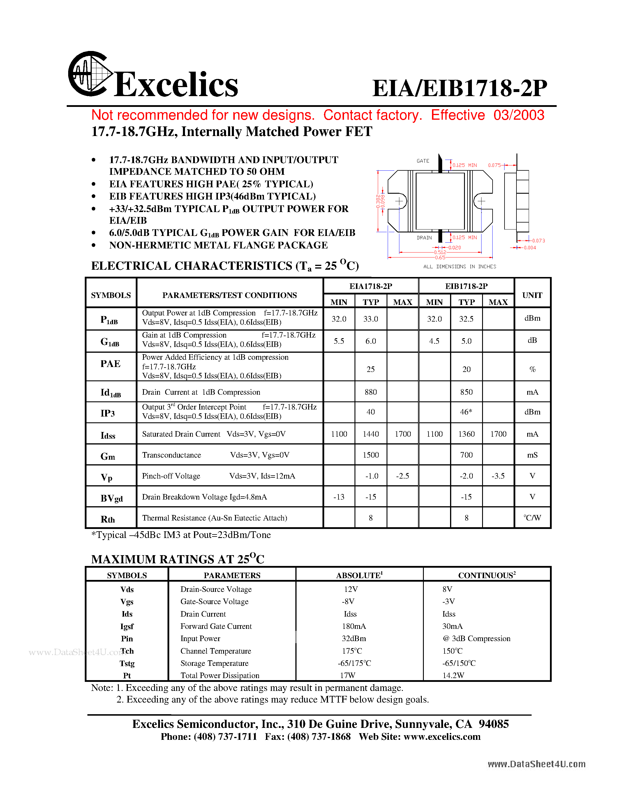 Datasheet EIA1718-2P - 17.7-18.7GHz Internally Matched Power FET page 1