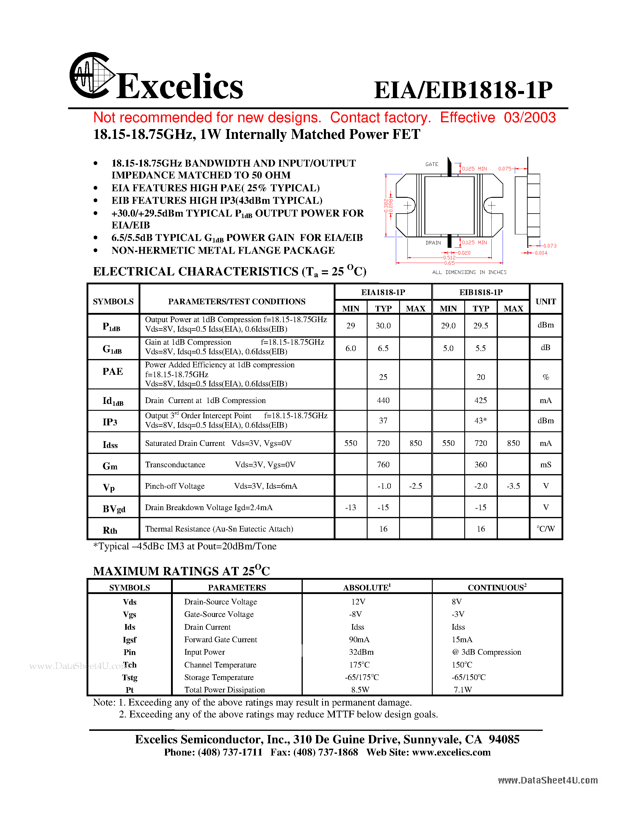Даташит EIA1818-1P - 18.15-18.75GHz 1W Internally Matched Power FET страница 1