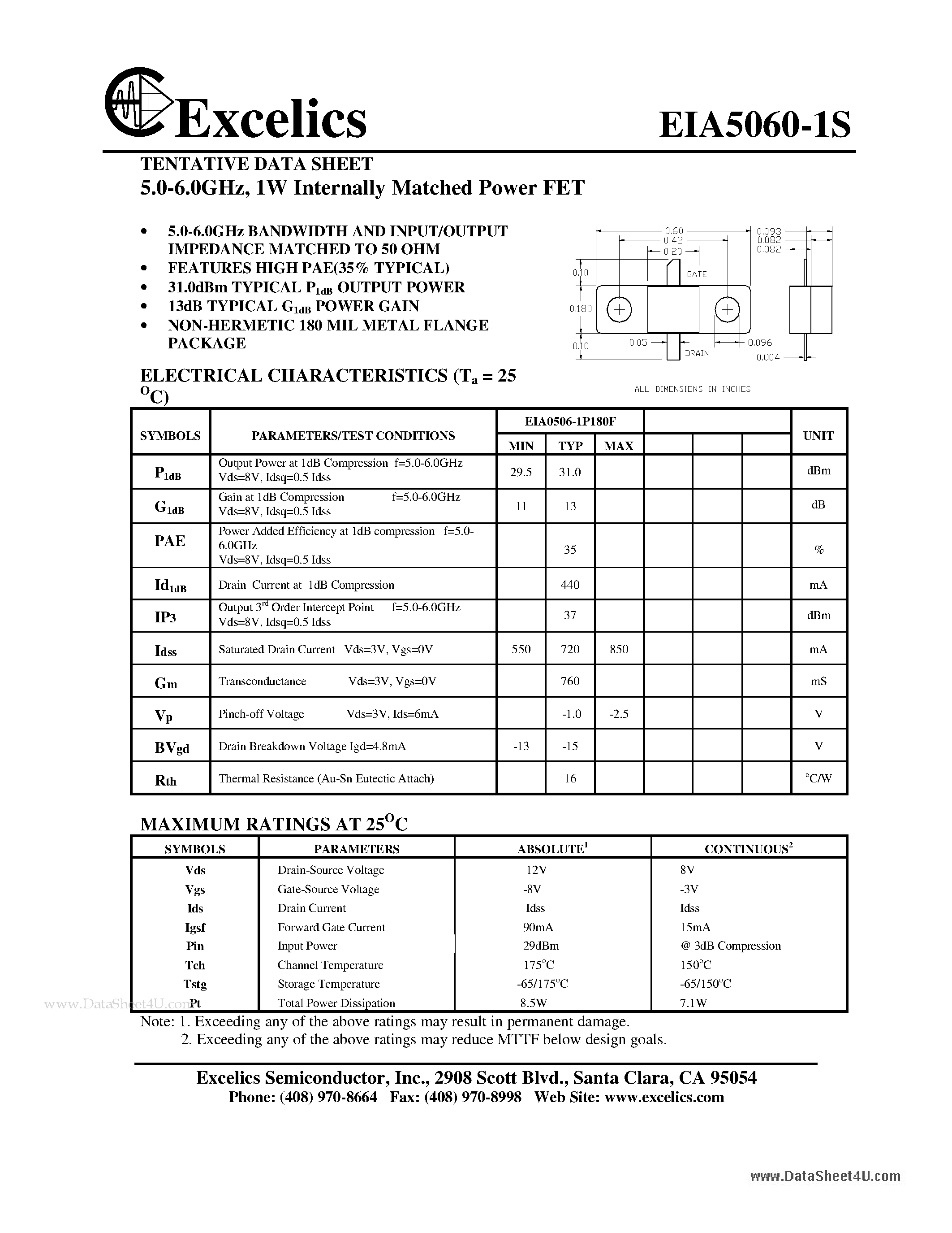 Datasheet EIA5060-1S page 1 Datasheet EIA5060-1S - 5.0-6.0GHz 1W Internally Matched Power FET page 1