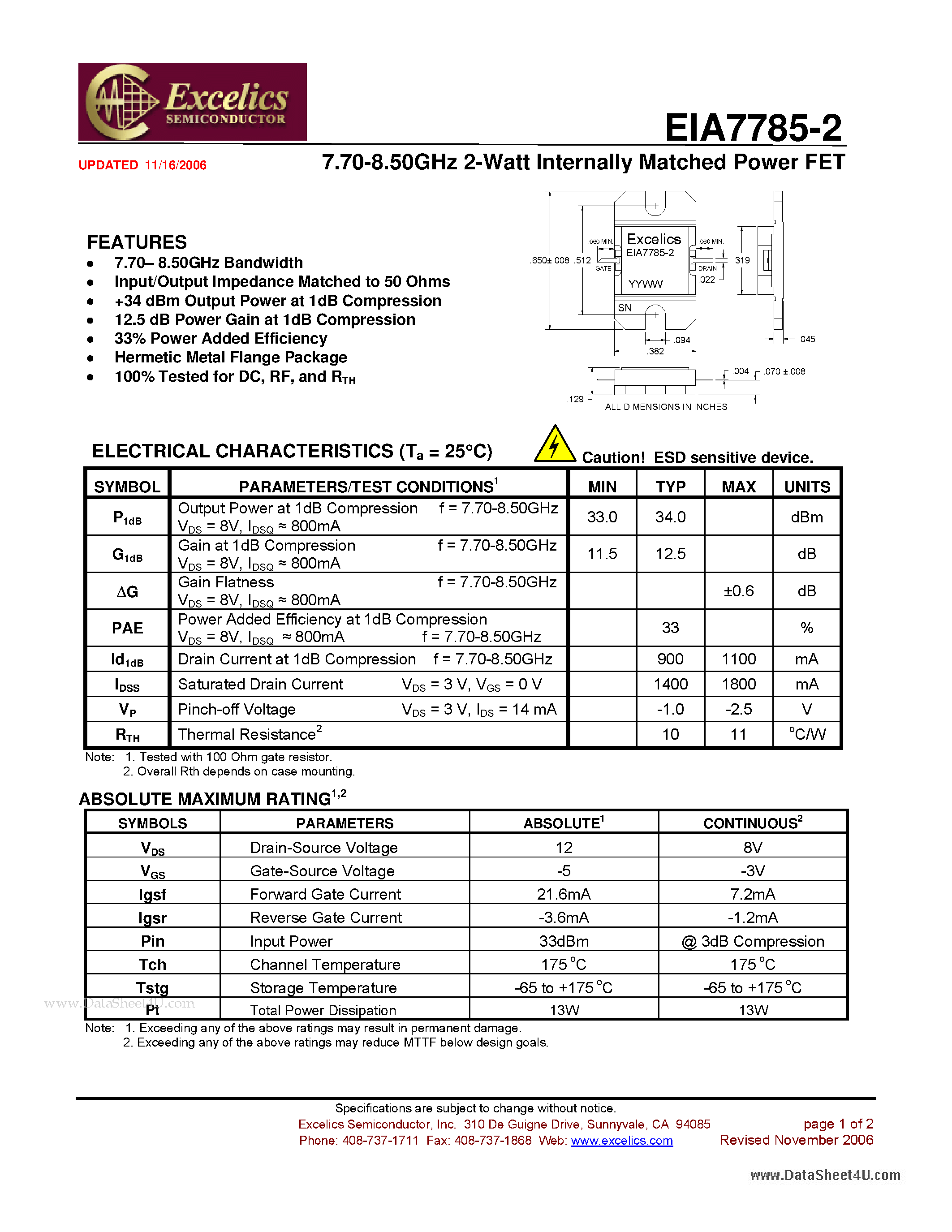 Datasheet EIA7785-2 - 7.70-8.50GHz 2-Watt Internally Matched Power FET page 1