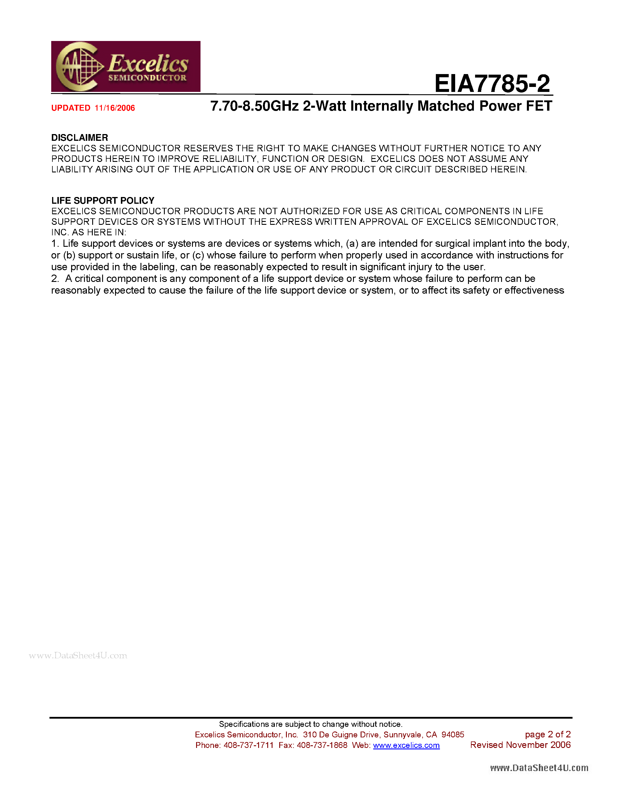 Datasheet EIA7785-2 - 7.70-8.50GHz 2-Watt Internally Matched Power FET page 2