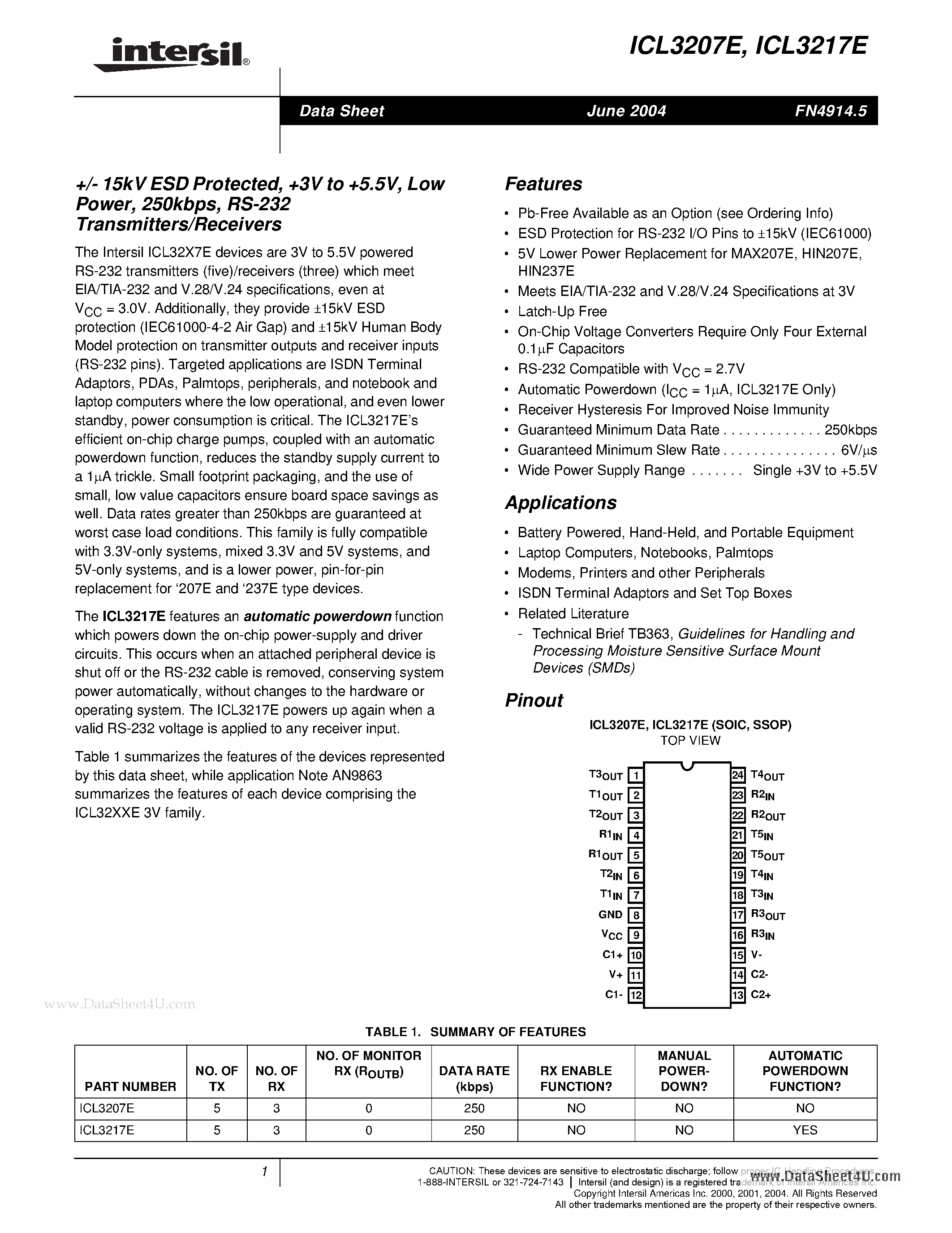Datasheet ICL3207E - +-15kV ESD Protected 3V to 5.5V Low Power 250kbps RS-232 Transmitters/Receivers page 1