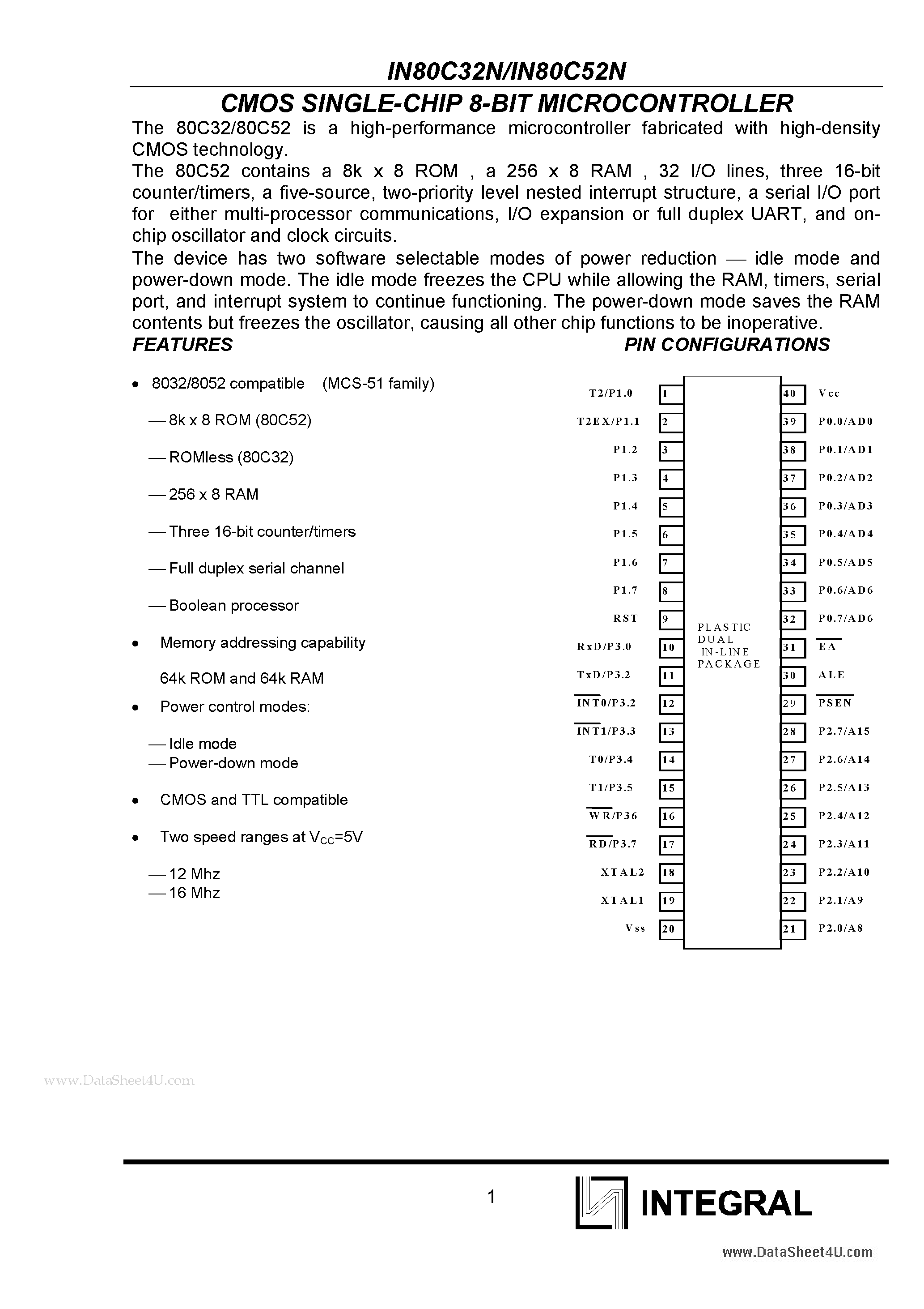 Datasheet IN80C32N - CMOS SINGLE-CHIP 8-BIT MICROCONTROLLER page 1