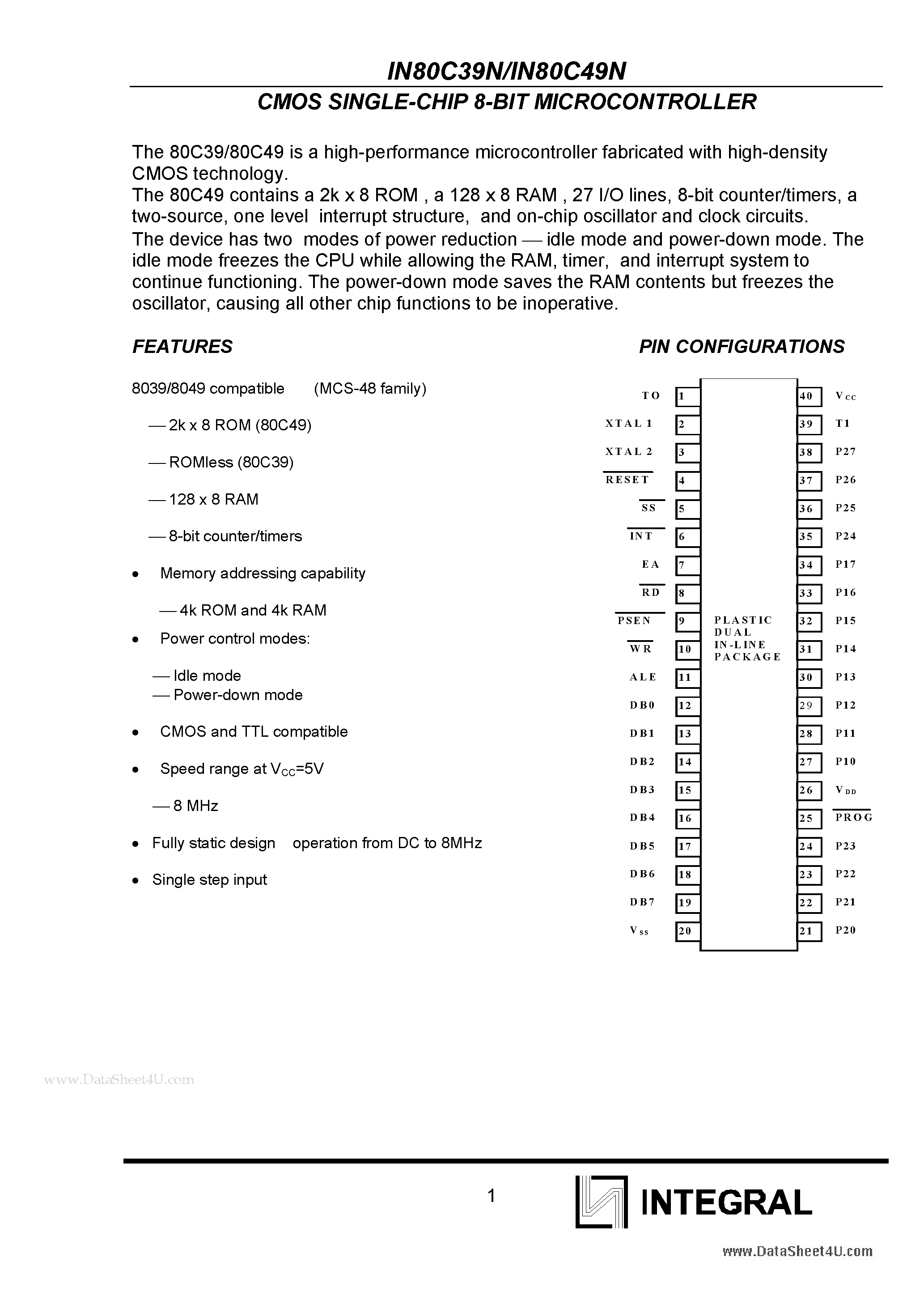 Datasheet IN80C39N - CMOS SINGLE-CHIP 8-BIT MICROCONTROLLER page 1