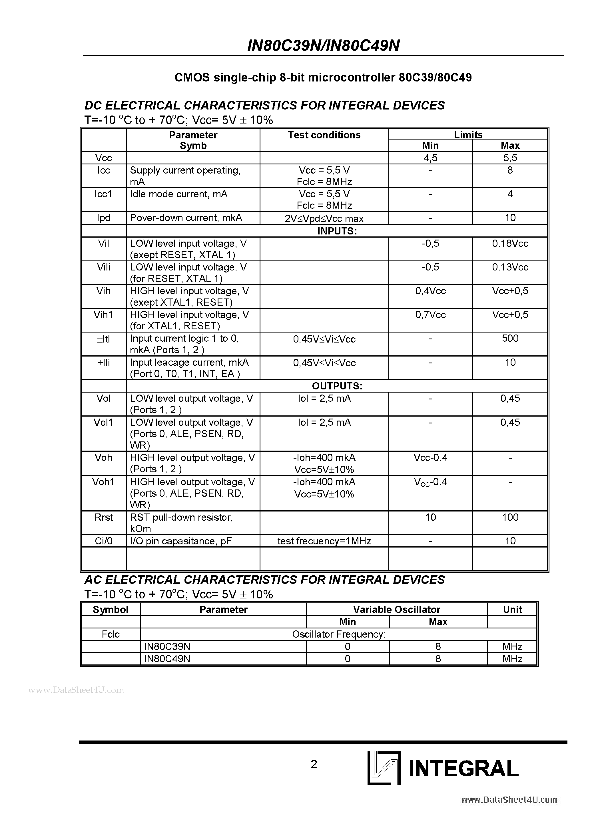 Datasheet IN80C39N - CMOS SINGLE-CHIP 8-BIT MICROCONTROLLER page 2
