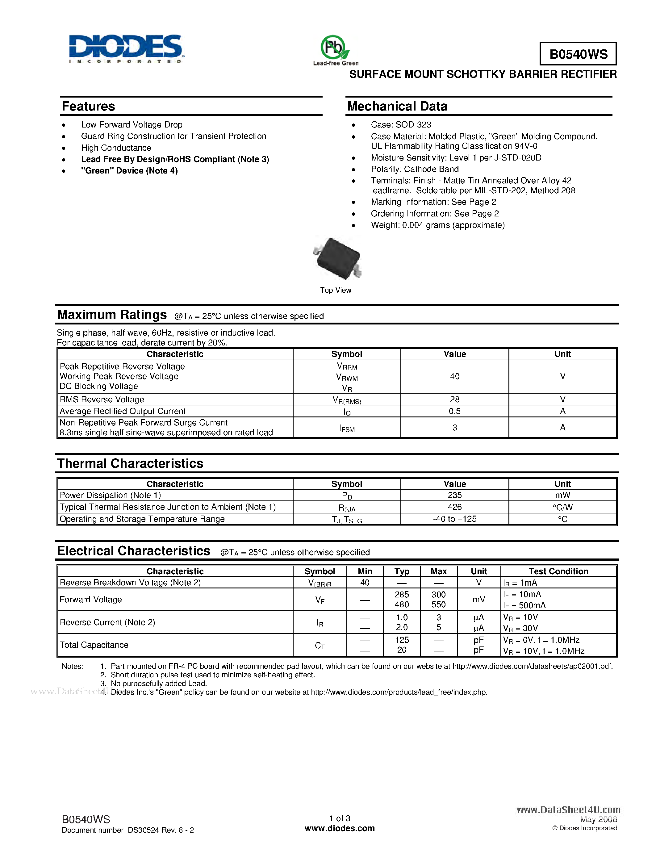 Datasheet B0540WS page 1 Datasheet B0540WS - SURFACE MOUNT SCHOTTKY BARRIER RECTIFIER page 1