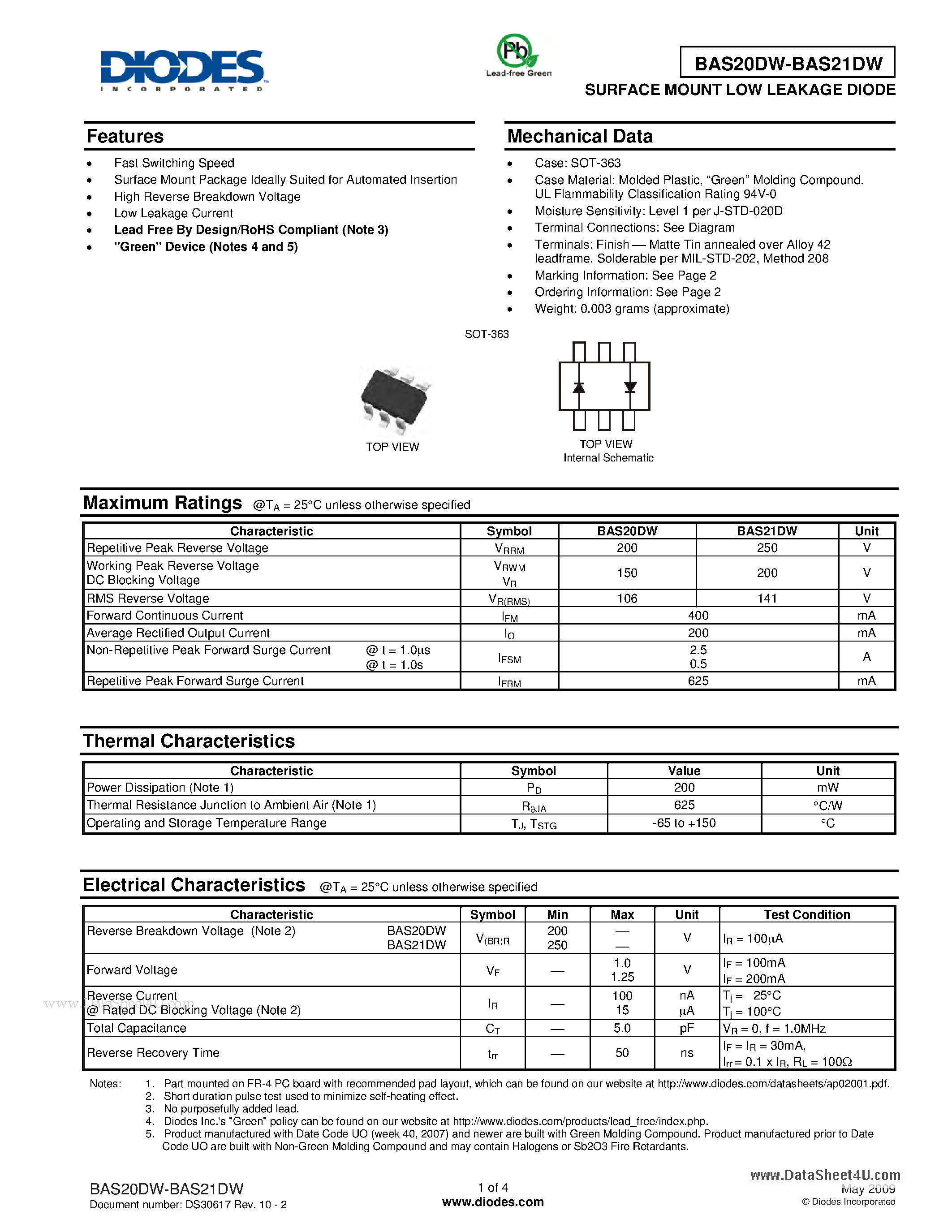 Datasheet BAS20DW - SURFACE MOUNT LOW LEAKAGE DIODE page 1