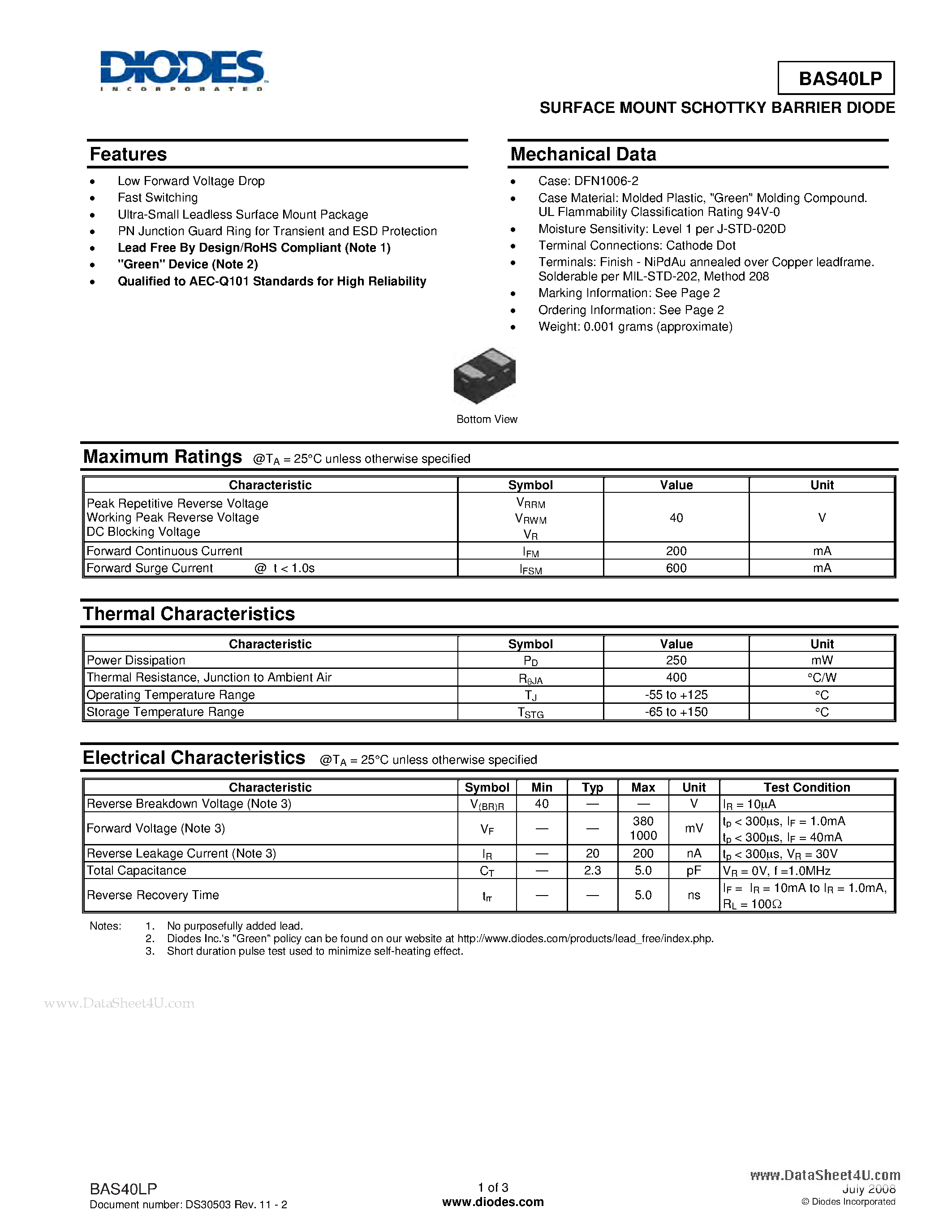 Datasheet BAS40LP - SURFACE MOUNT SCHOTTKY BARRIER DIODE page 1