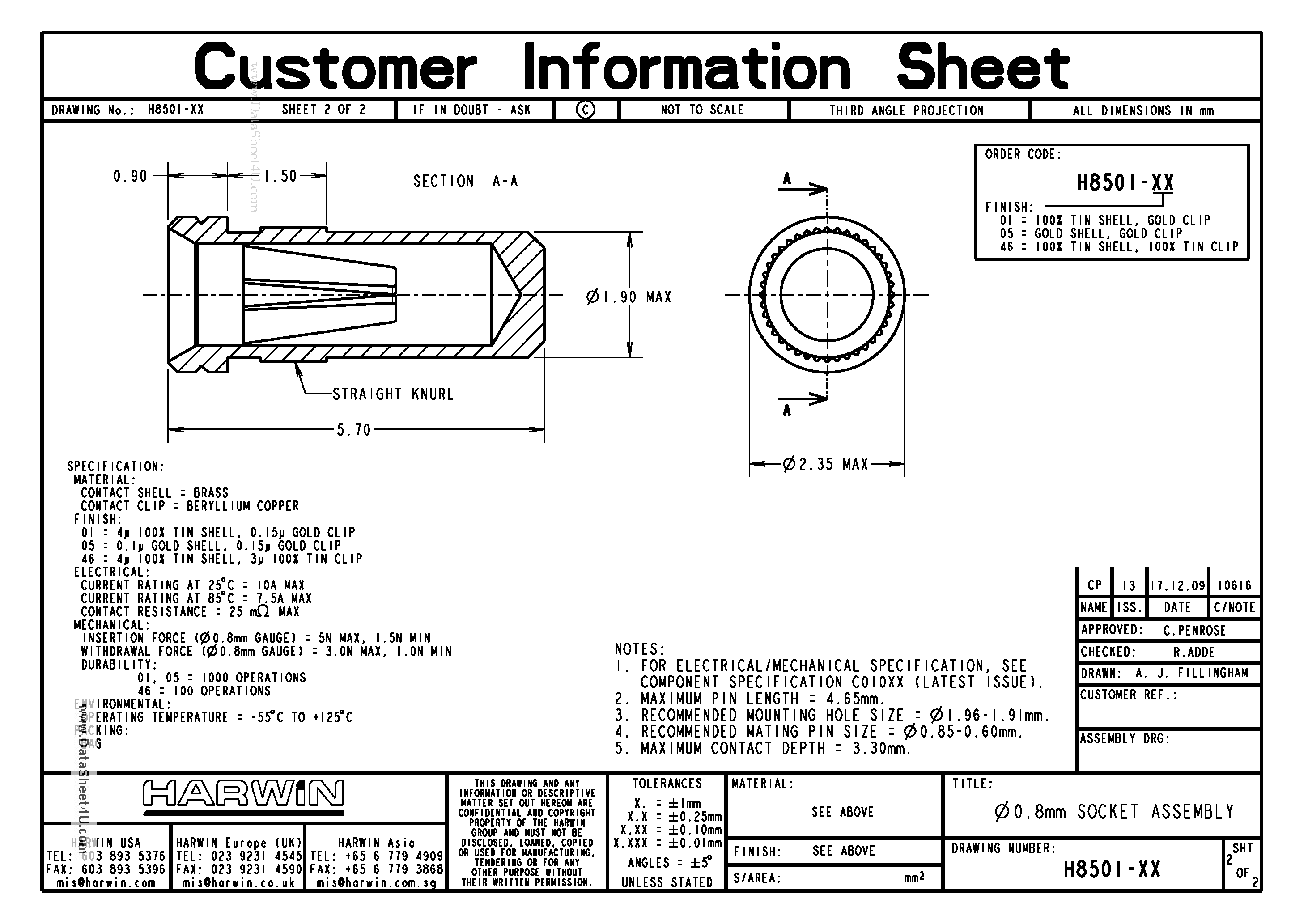 Datasheet H8501-XX - 0.8mm SOCKET ASSEMBLY page 1